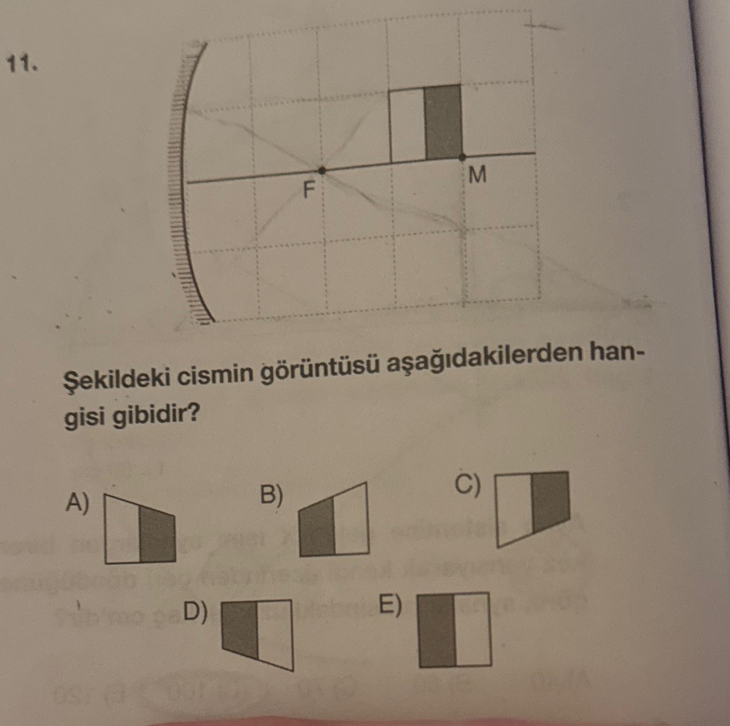 Şekildeki cismin görüntüsü aşağıdakilerden hangisi gibidir?