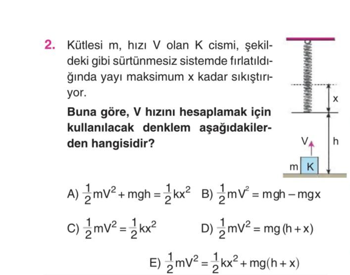 Kütlesi m, hızı V olan K cismi, şekildeki gibi sürtünmesiz sistemde fırlatıldığında yayı maksimum x