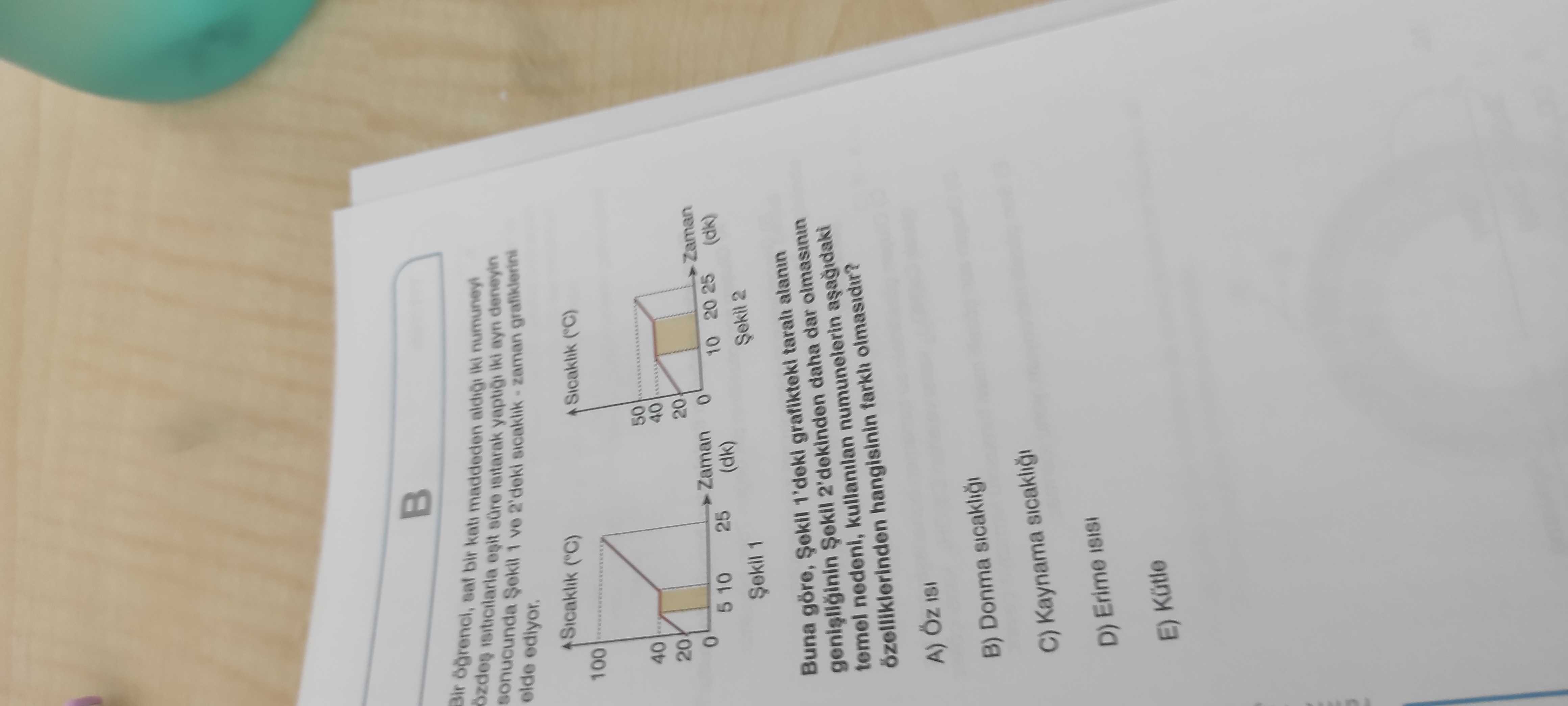 Bir öğrenci, saf bir katı maddeden aldığı iki numuneyi özdeş ısıtıcılarla eşit süre ısıtarak yaptığı