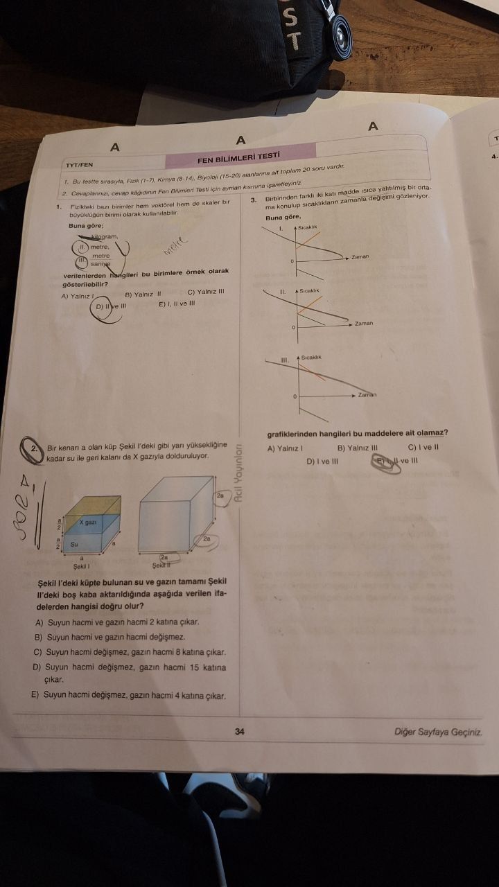 Bir kenarı a olan küp Şekil I'deki gibi yarı yüksekliğine kadar su ile geri kalanı da X gazıyla