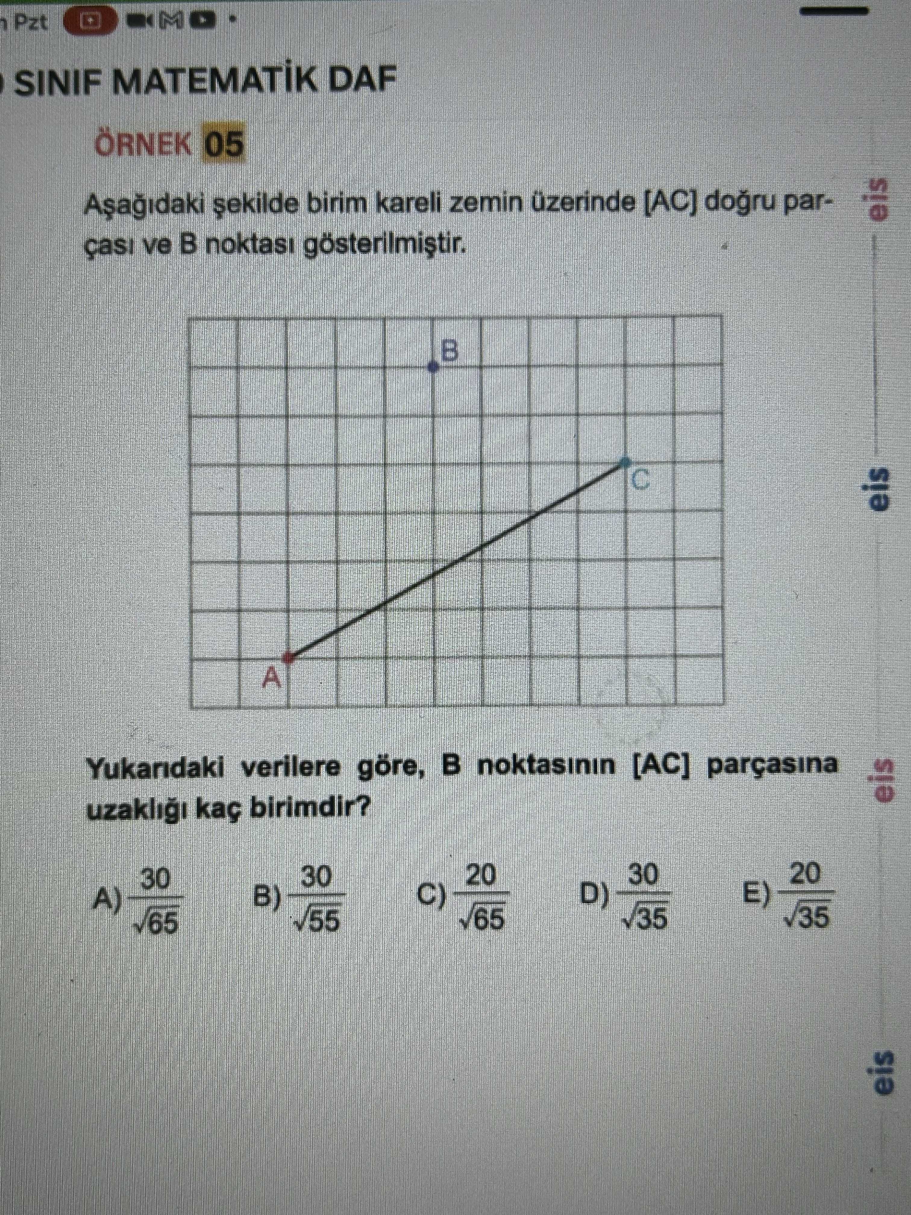 doğru parçası ile B noktası gösterilmiş grid (kare ızgara) diyagramı] Aşağıdaki şekilde birim kareli