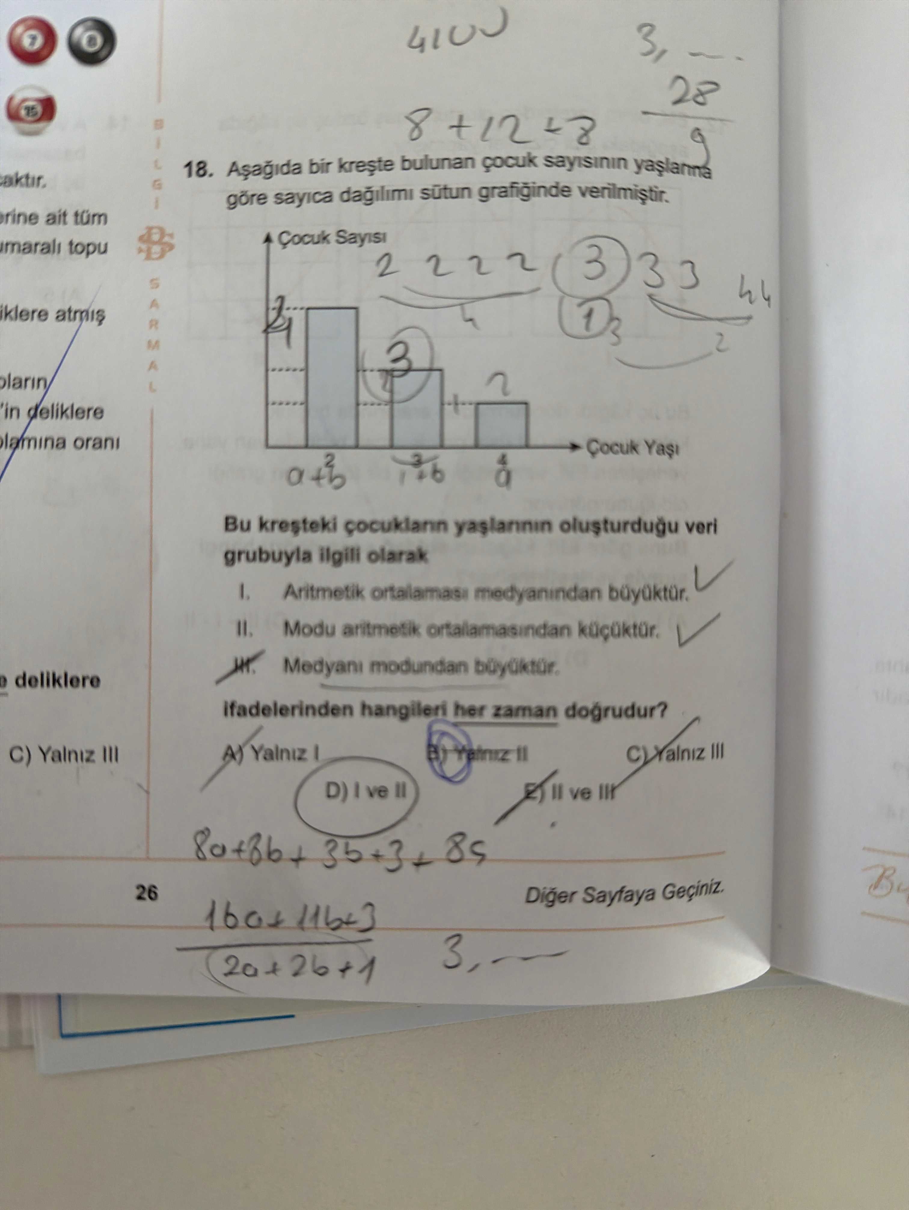 Aşağıda bir kreşte bulunan çocuk sayısının yaşlarına göre sayıca dağılımı sütun grafiğinde
