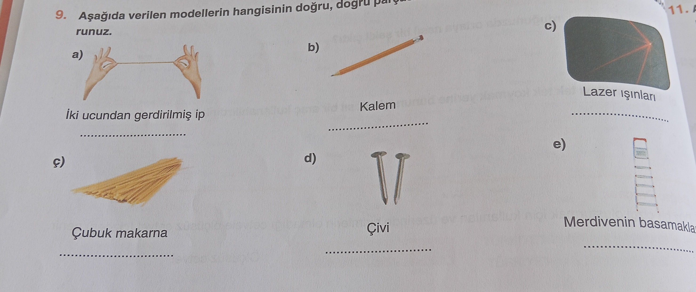 Aşağıda verilen modellerin hangisinin doğru, doğru parça... runuz. a) İki ucundan gerdirilmiş ip
