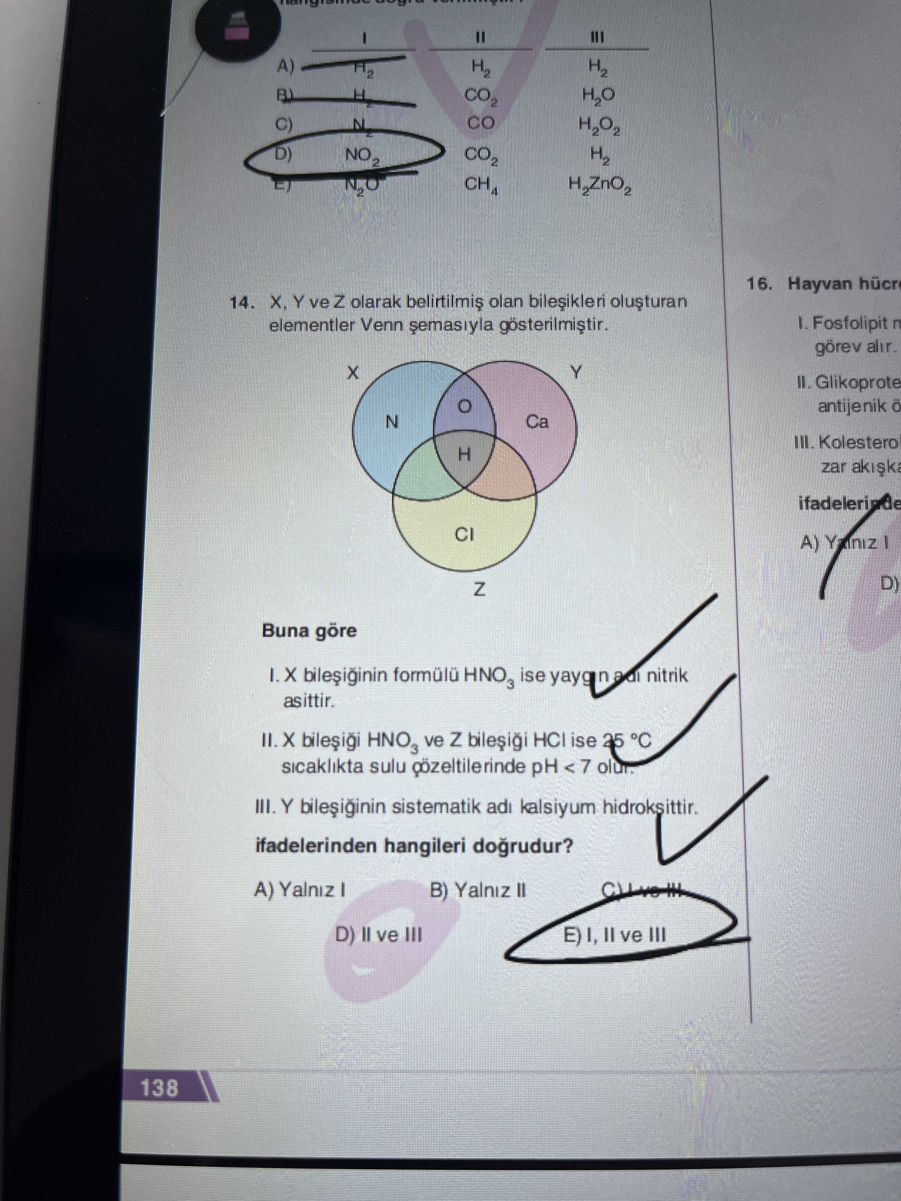 X, Y ve Z olarak belirtilmiş olan bileşikleri oluşturan elementler Venn şemasıyla gösterilmiştir