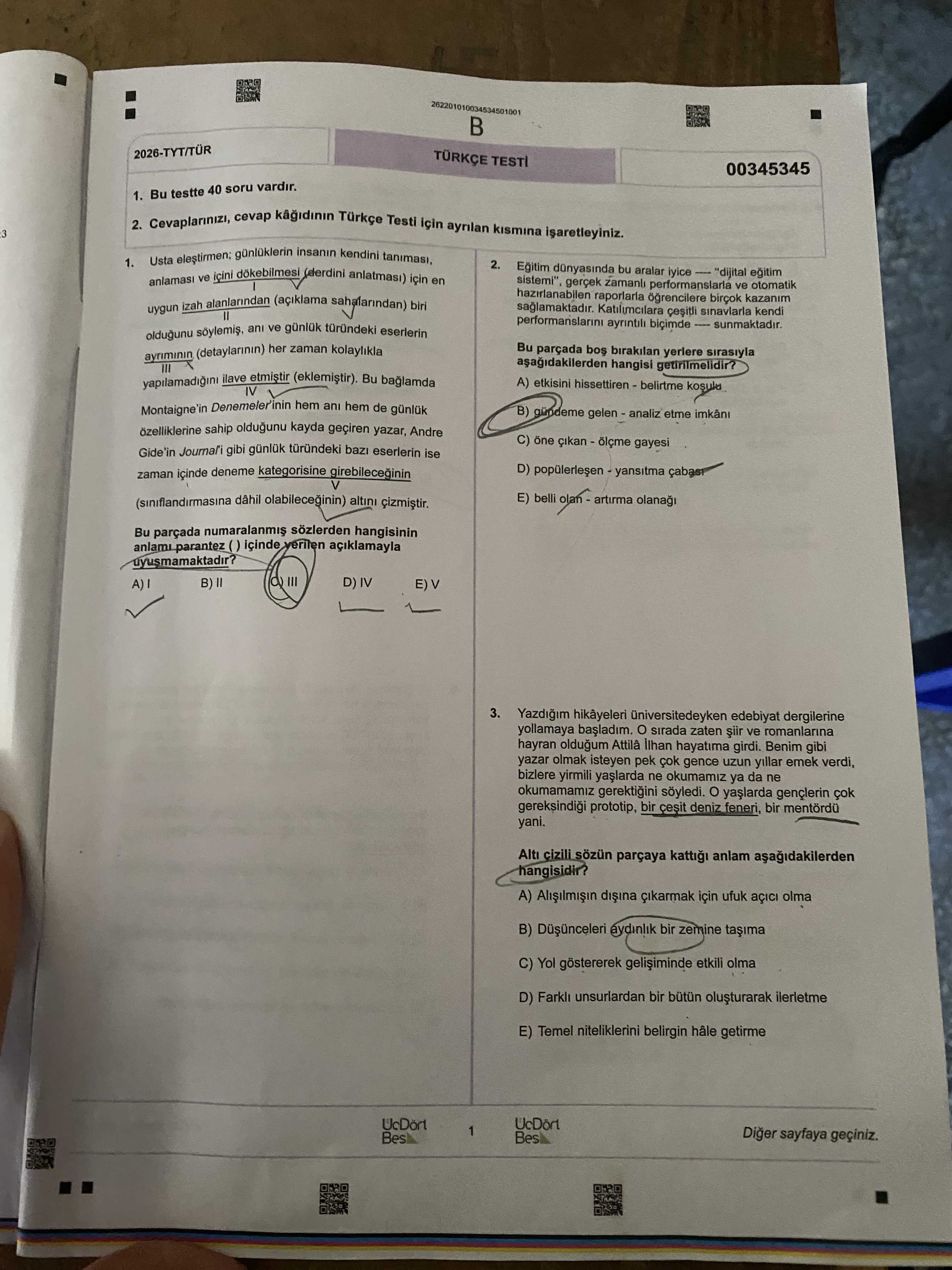 2026-TYT/TÜR TÜRKÇE TESTİ 00345345 Bu testte 40 soru vardır. 1. Bu testte 40 soru vardır. 2