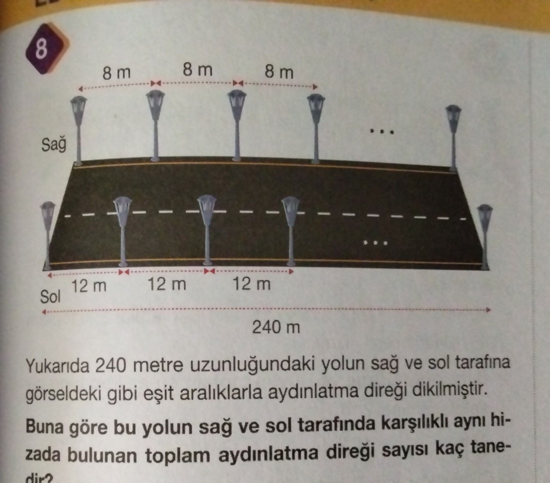Yukarıda 240 metre uzunluğundaki yolun sağ ve sol tarafına görseldeki gibi eşit aralıklarla