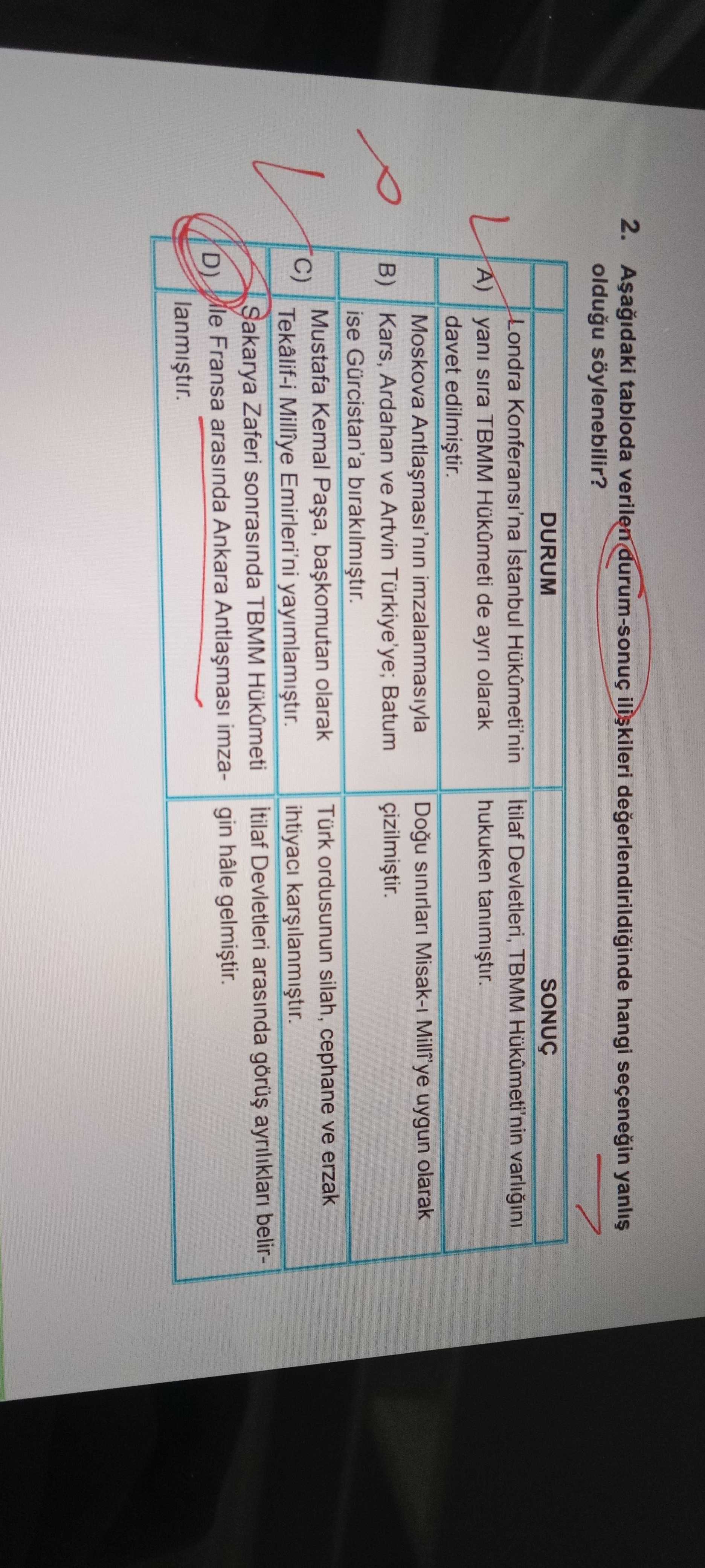 Aşağıdaki tabloda verilen durum-sonuç ilişkileri değerlendirildiğinde hangi seçeneğin yanlış olduğu