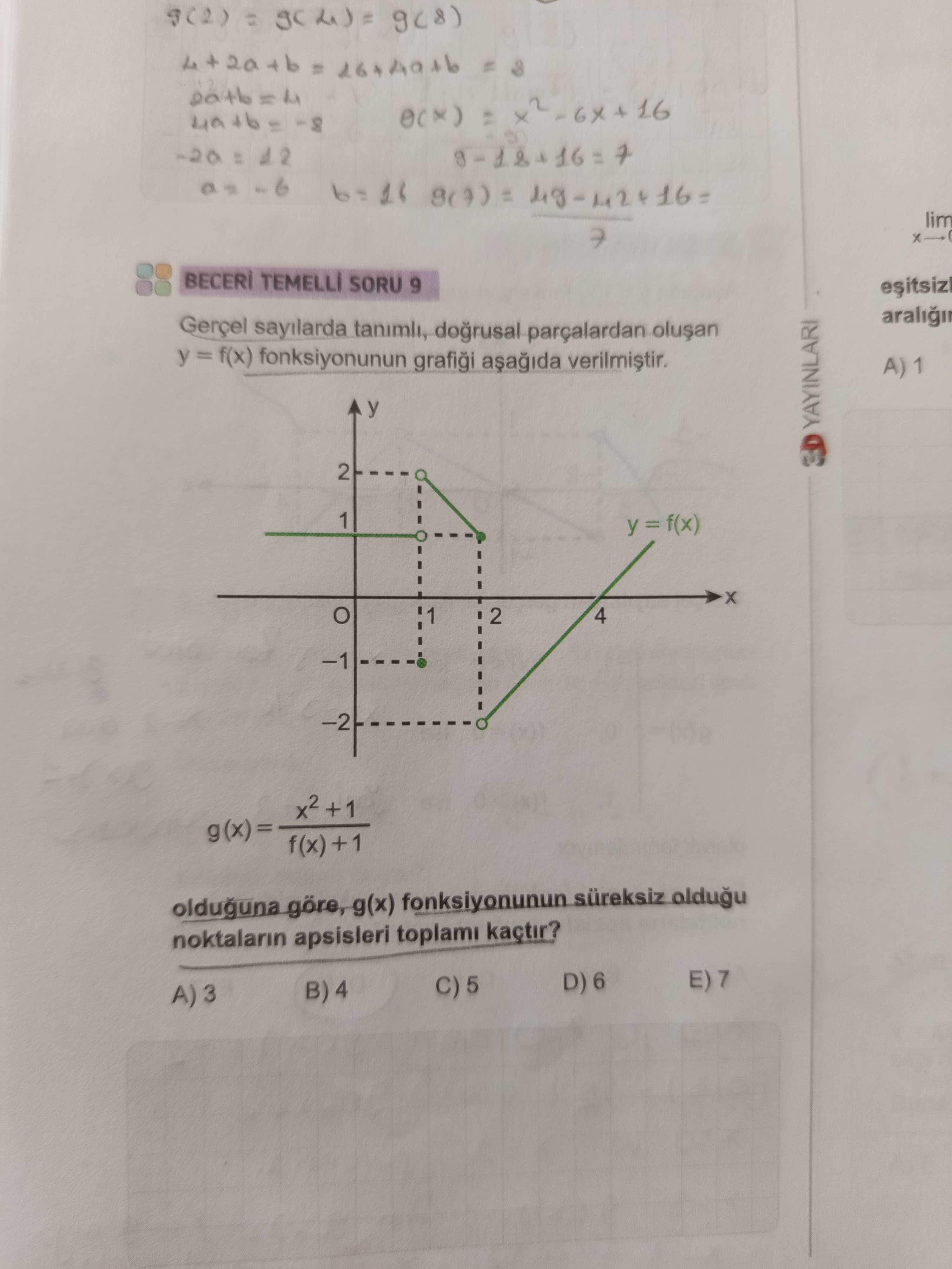 BECERİ TEMELLİ SORU 9 Gerçel sayılarda tanımlı, doğrusal parçalardan oluşan y = f(x) fonksiyonunun