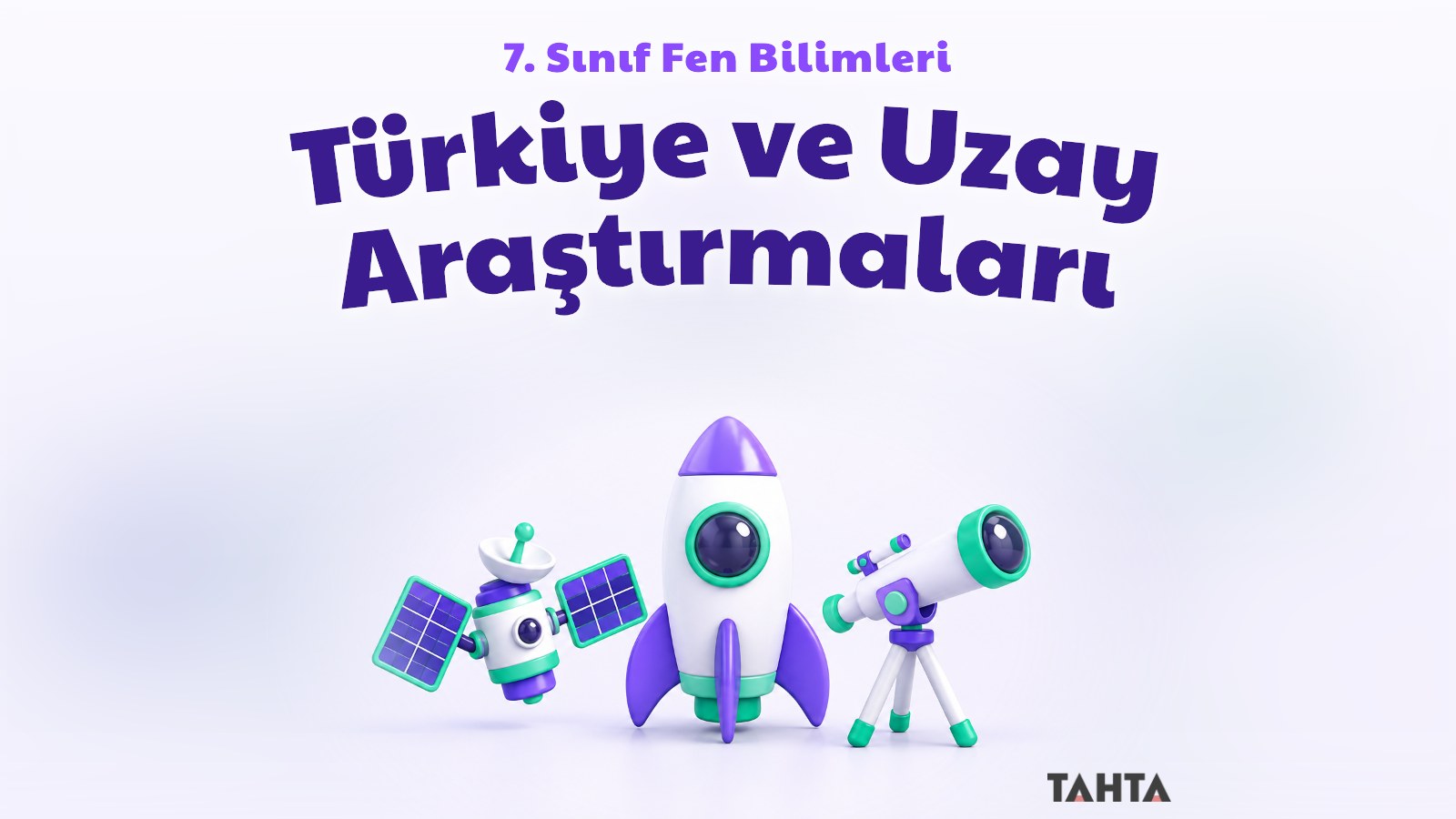 Açık zeminde mor ve turuncu renkli roket, yapay uydu ve teleskop içeren 3B ders kapağı