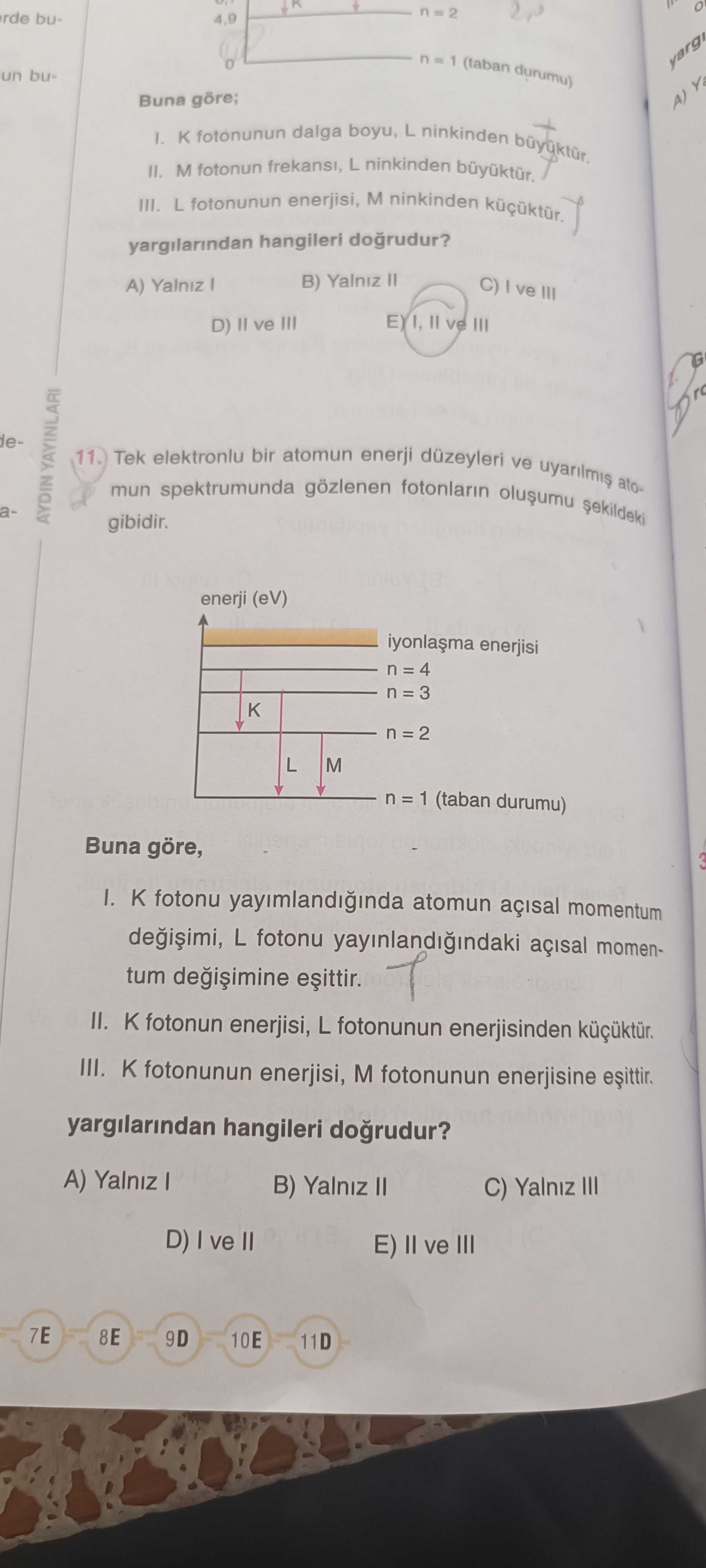 Tek elektronlu bir atomun enerji düzeyleri ve uyarılmış atomun spektrumunda gözlenen fotonların