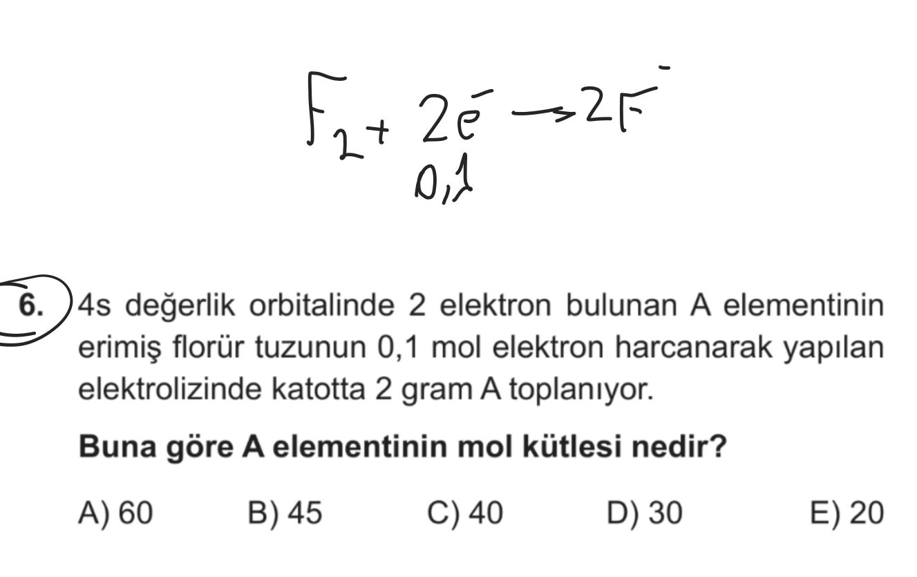 4s değerlik orbitalinde 2 elektron bulunan A elementinin erimiş florür tuzunun 0,1 mol elektron