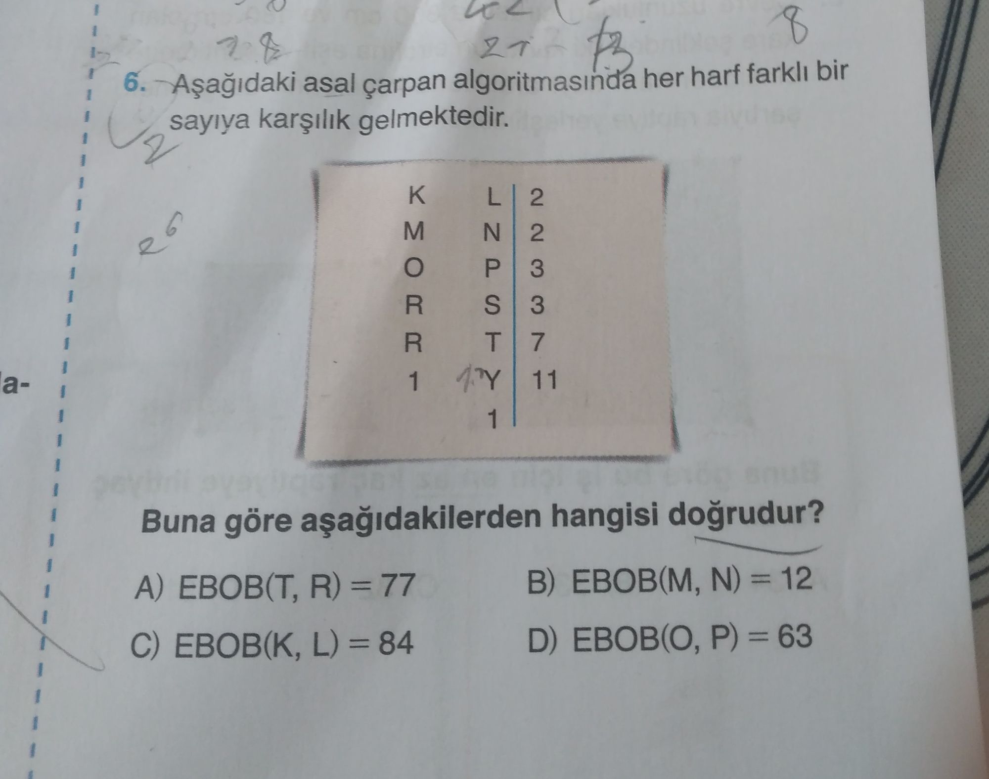 Aşağıdaki asal çarpan algoritmasında her harf farklı bir sayıya karşılık gelmektedir. Buna göre