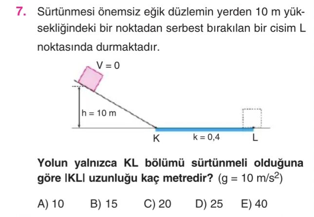 Sürtünmesi önemsiz eğik düzlemin yerden 10 m yüksekliğindeki bir noktadan serbest bırakılan bir