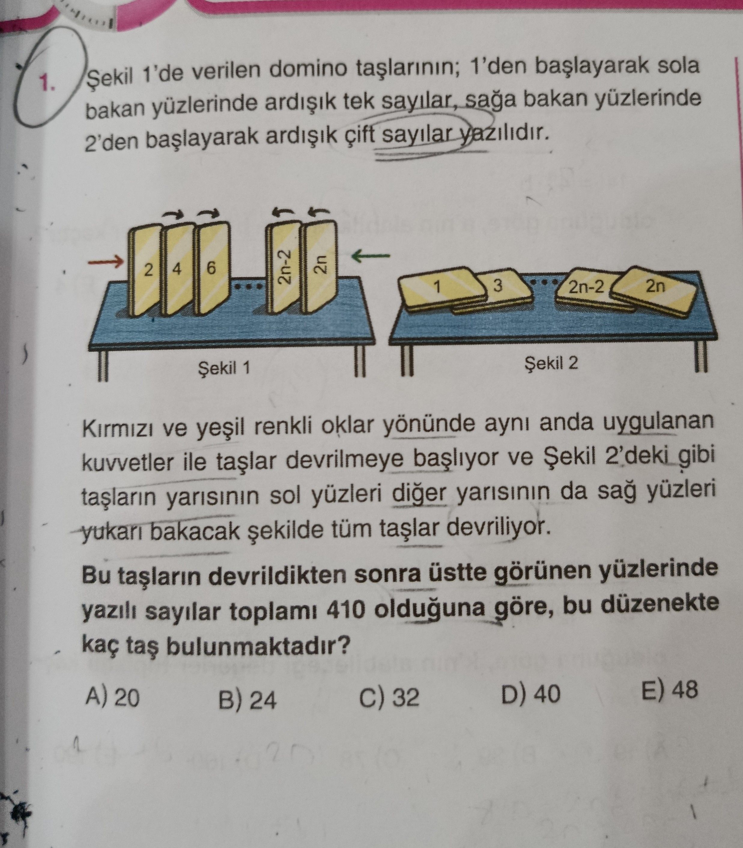 Şekil 1'de verilen domino taşlarının; 1'den başlayarak sola bakan yüzlerinde ardışık tek sayılar