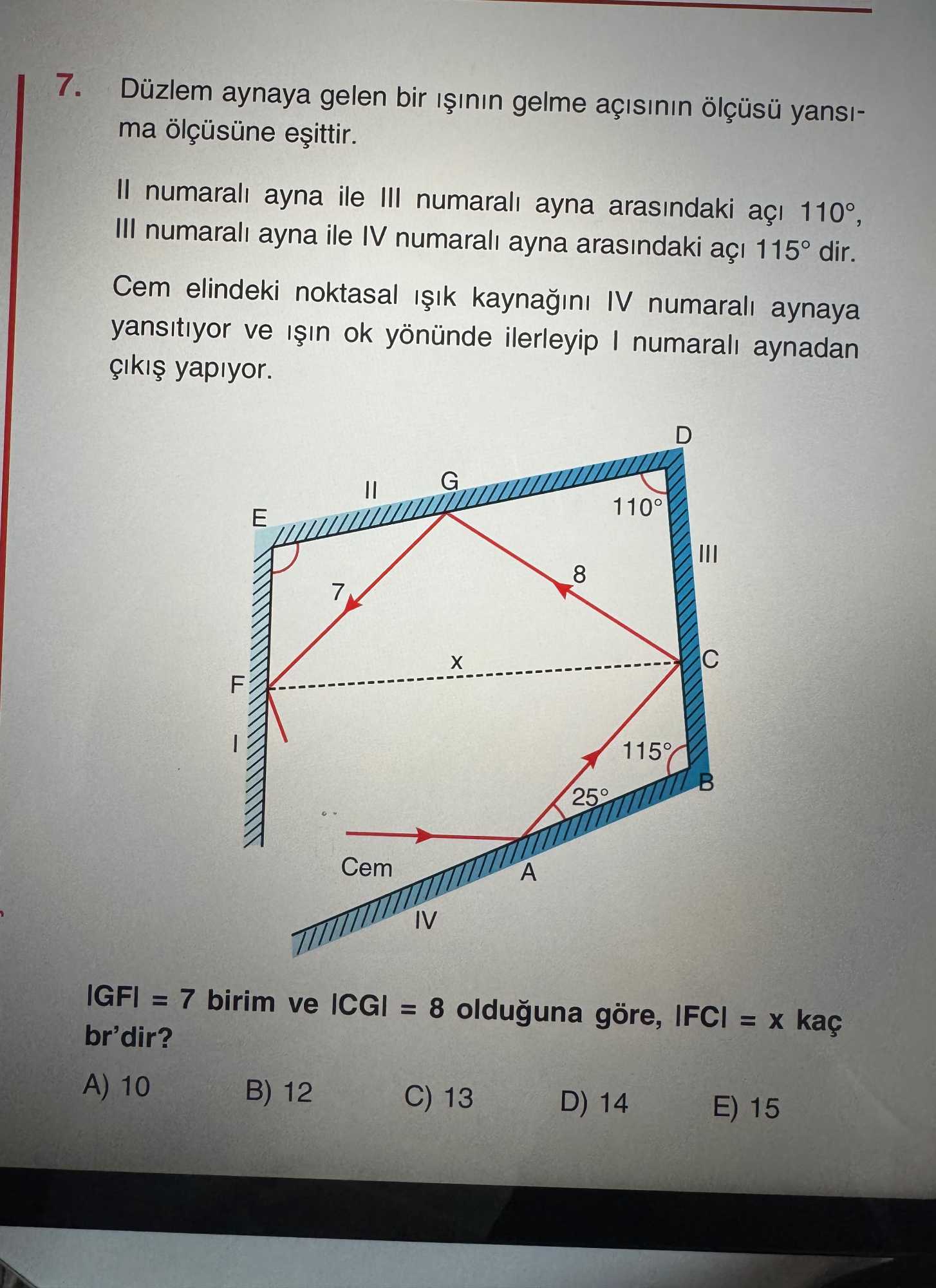 Düzlem aynaya gelen bir ışının gelme açısının ölçüsü yansıma ölçüsüne eşittir. II numaralı ayna ile