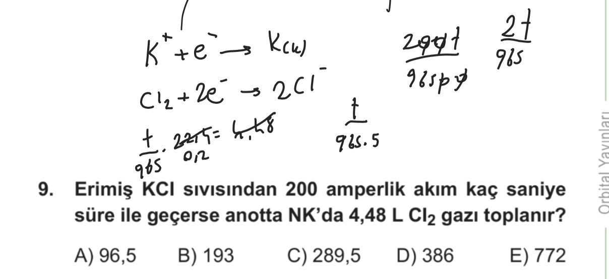 Erimiş KCl sıvısından 200 amperlik akım kaç saniye süre ile geçerse anotta NK'da 4,48 L Cl₂ gazı