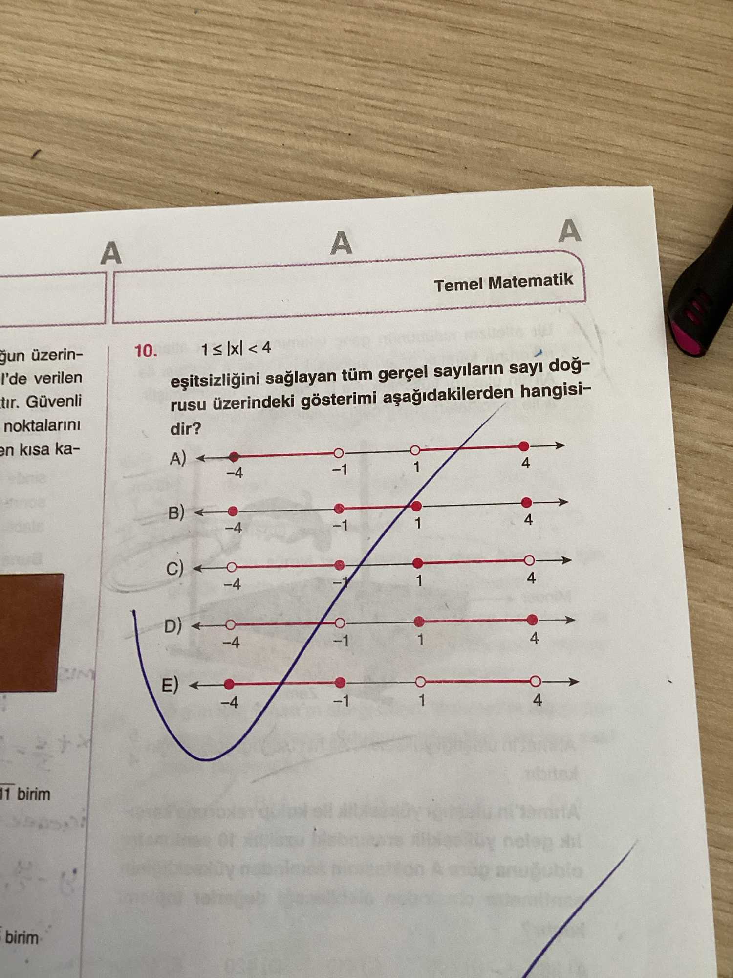 1 ≤ |x| < 4 eşitsizliğini sağlayan tüm gerçel sayıların sayı doğrusu üzerindeki gösterimi