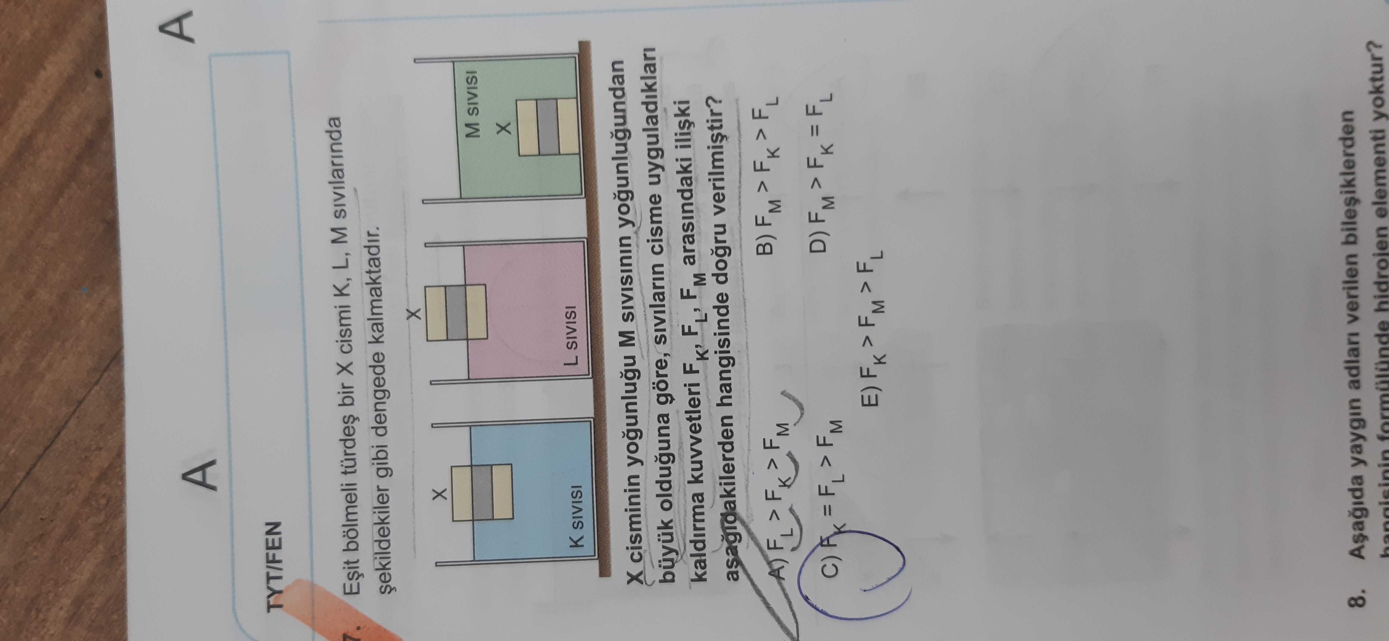 Eşit bölmeli türdeş bir X cismi K, L, M sıvılarında şekildekiler gibi dengede kalmaktadır. X