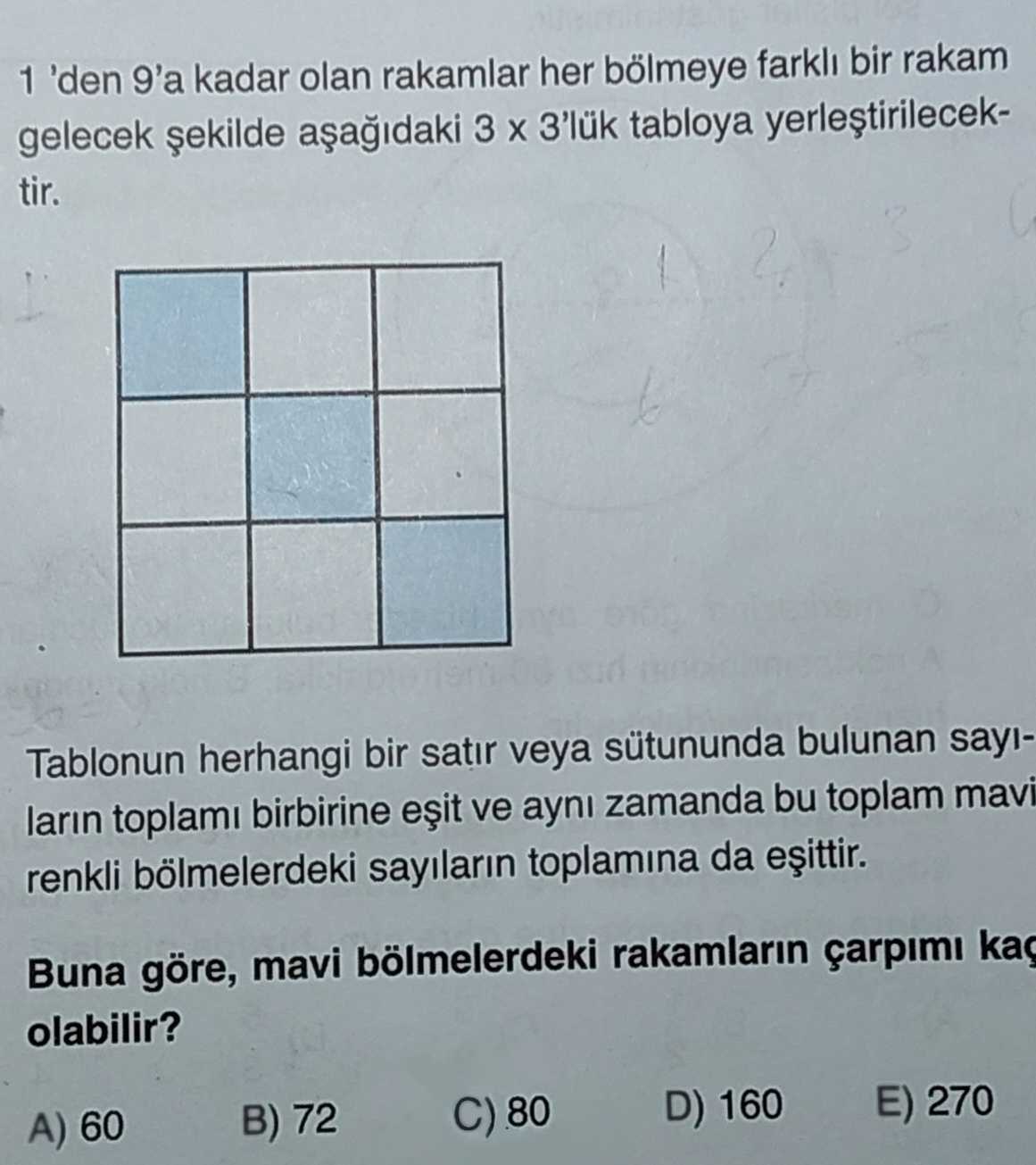 1 'den 9'a kadar olan rakamlar her bölmeye farklı bir rakam gelecek şekilde aşağıdaki 3 x 3'lük