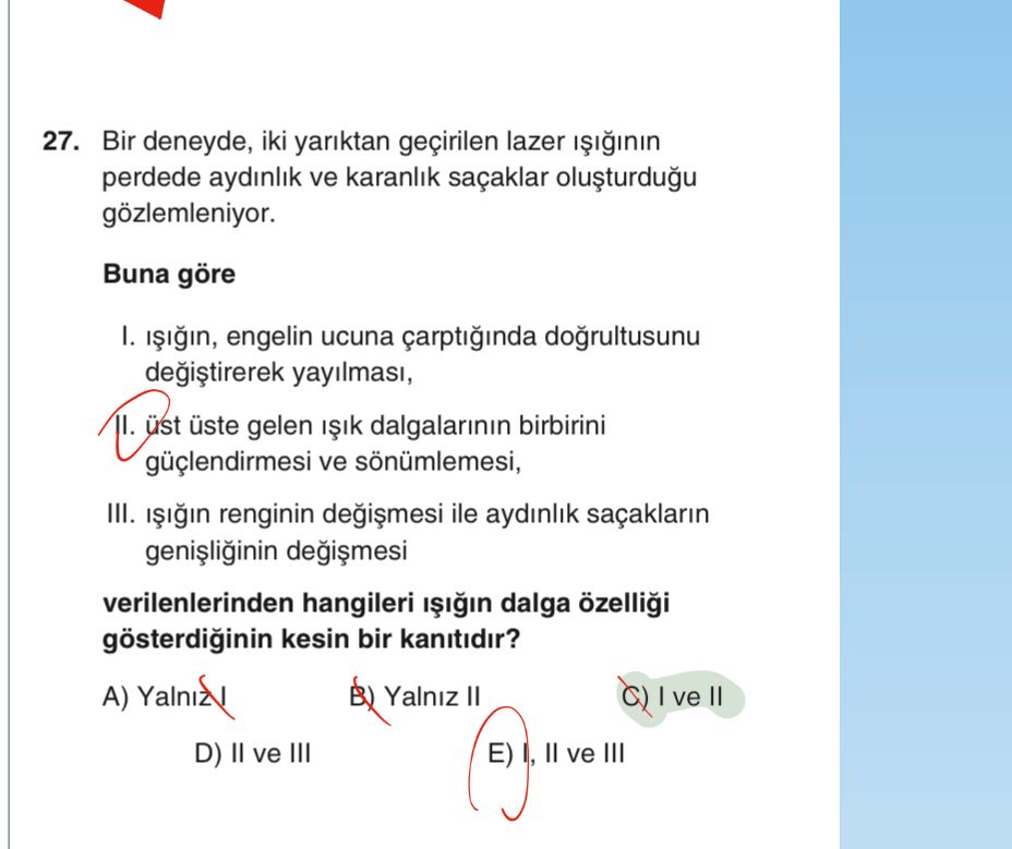 Bir deneyde, iki yarıktan geçirilen lazer ışığının perdede aydınlık ve karanlık saçaklar oluşturduğu