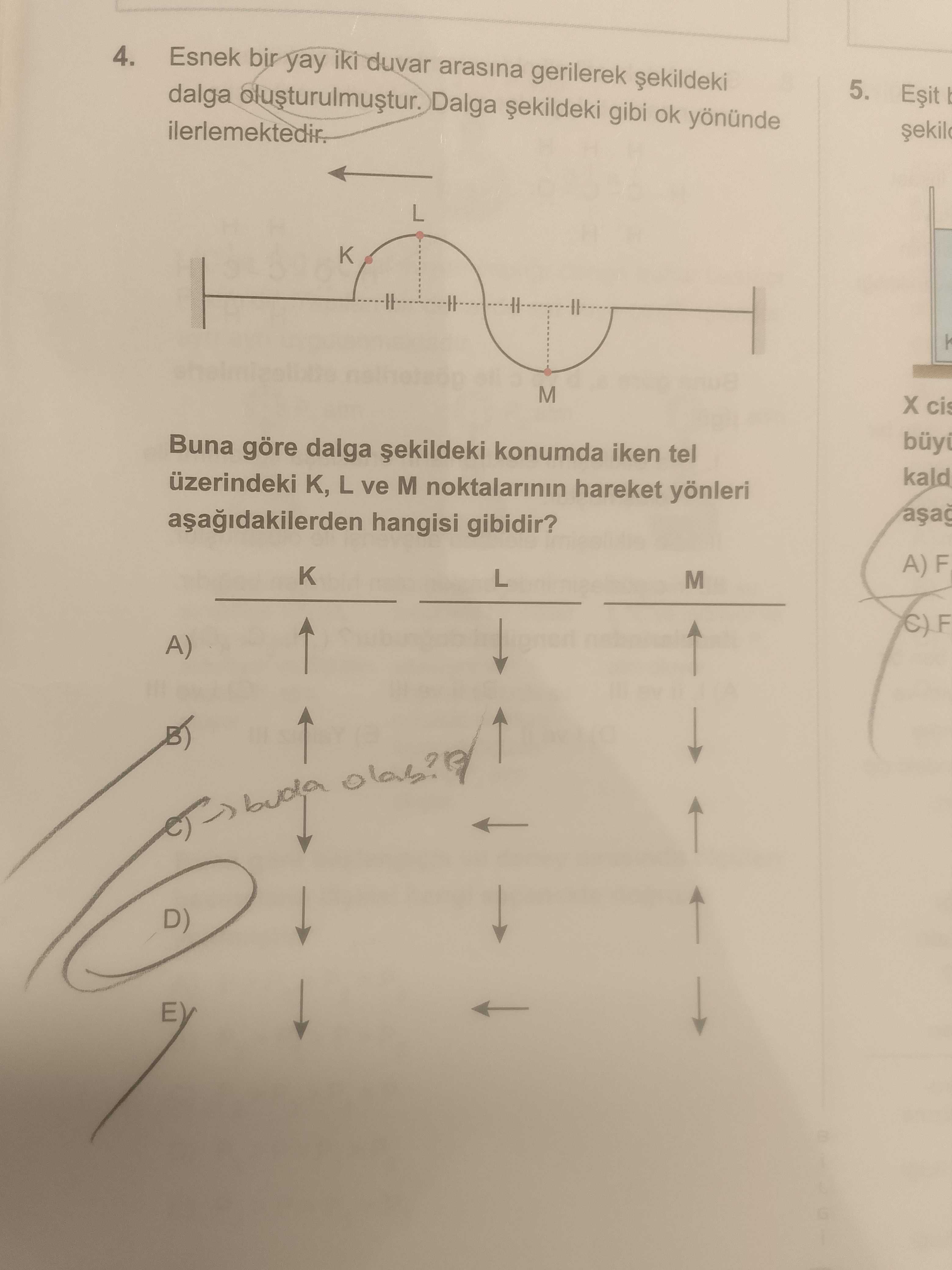 Esnek bir yay iki duvar arasına gerilerek şekildeki dalga oluşturulmuştur. Dalga şekildeki gibi ok