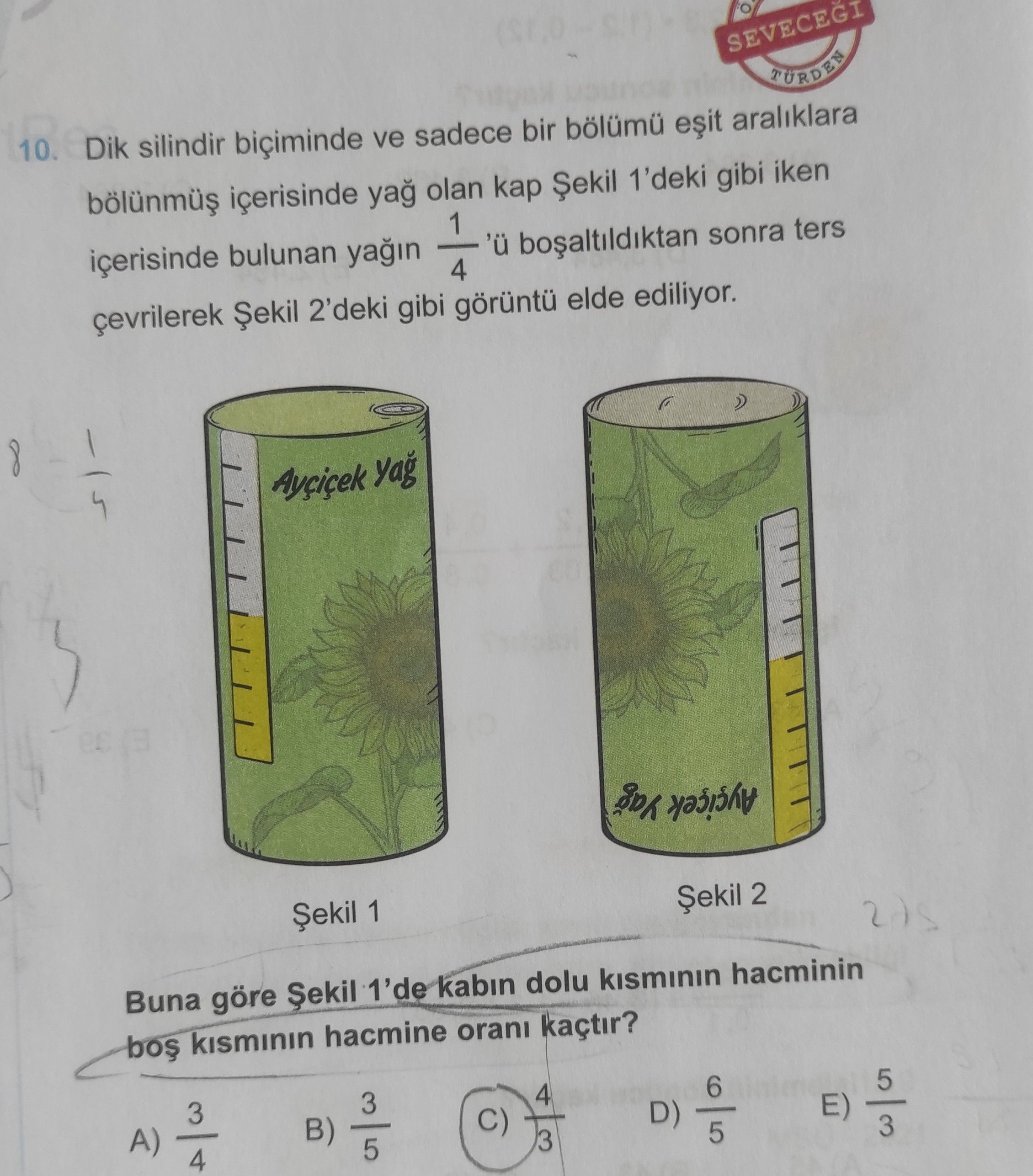 Dik silindir biçiminde ve sadece bir bölümü eşit aralıklara bölünmüş içerisinde yağ olan kap Şekil