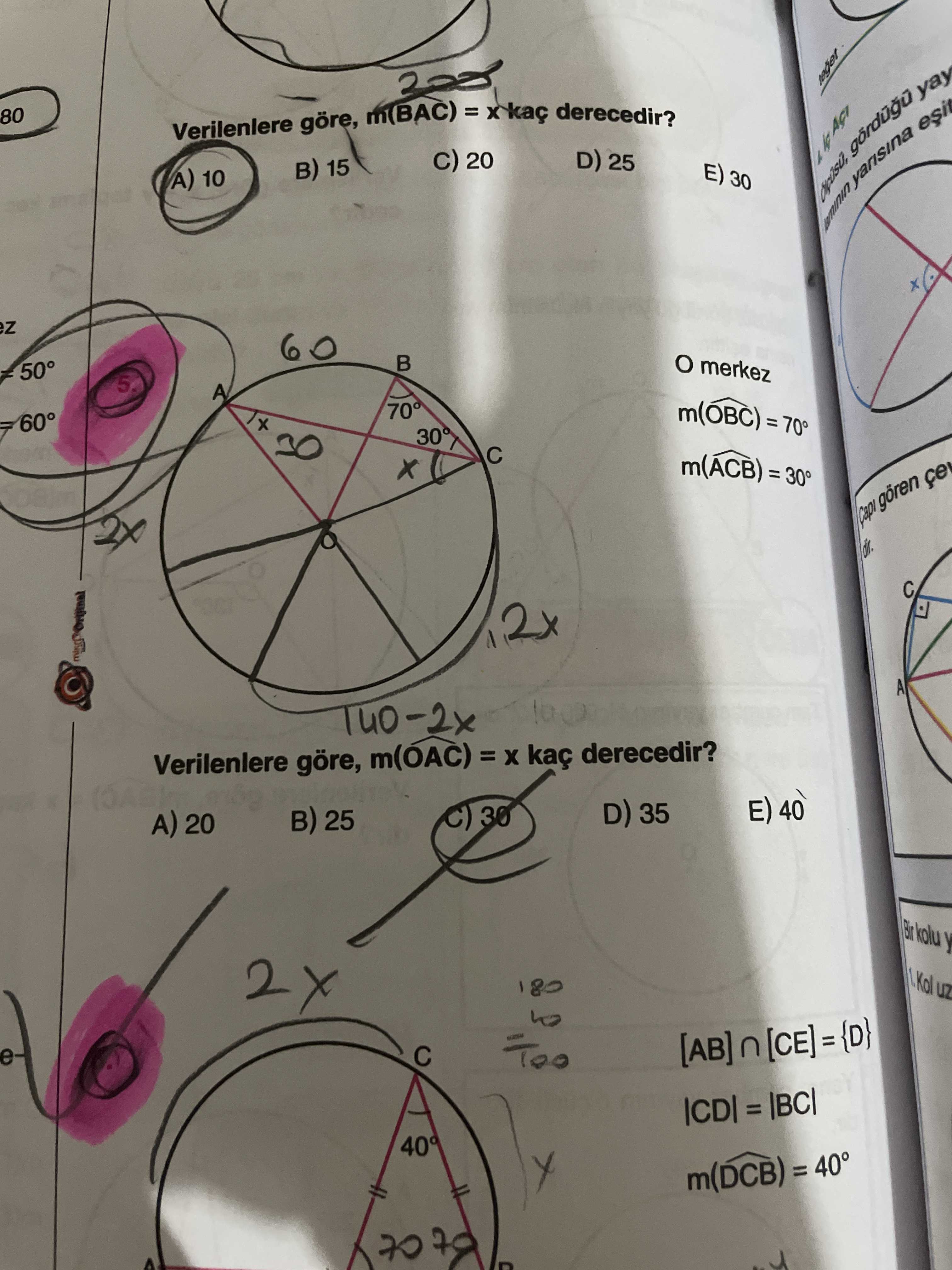 Yay 80 Verilenlere göre, = derecedir. esi D) 25 C) 20 15 E) 30 10 yarisina merkez 50° 5. m(OBC) 60° 30° m(ACB) gören A Verilenlere göre, = kaç derecedir. E) 40 D) 35 25 C) 30 20 1. Kol 180 [AB] n 40° 40° yay 80 Verilenlere göre, = derecedir. Kol 180 [AB] n 40° 40°. ?? Model.Question.title