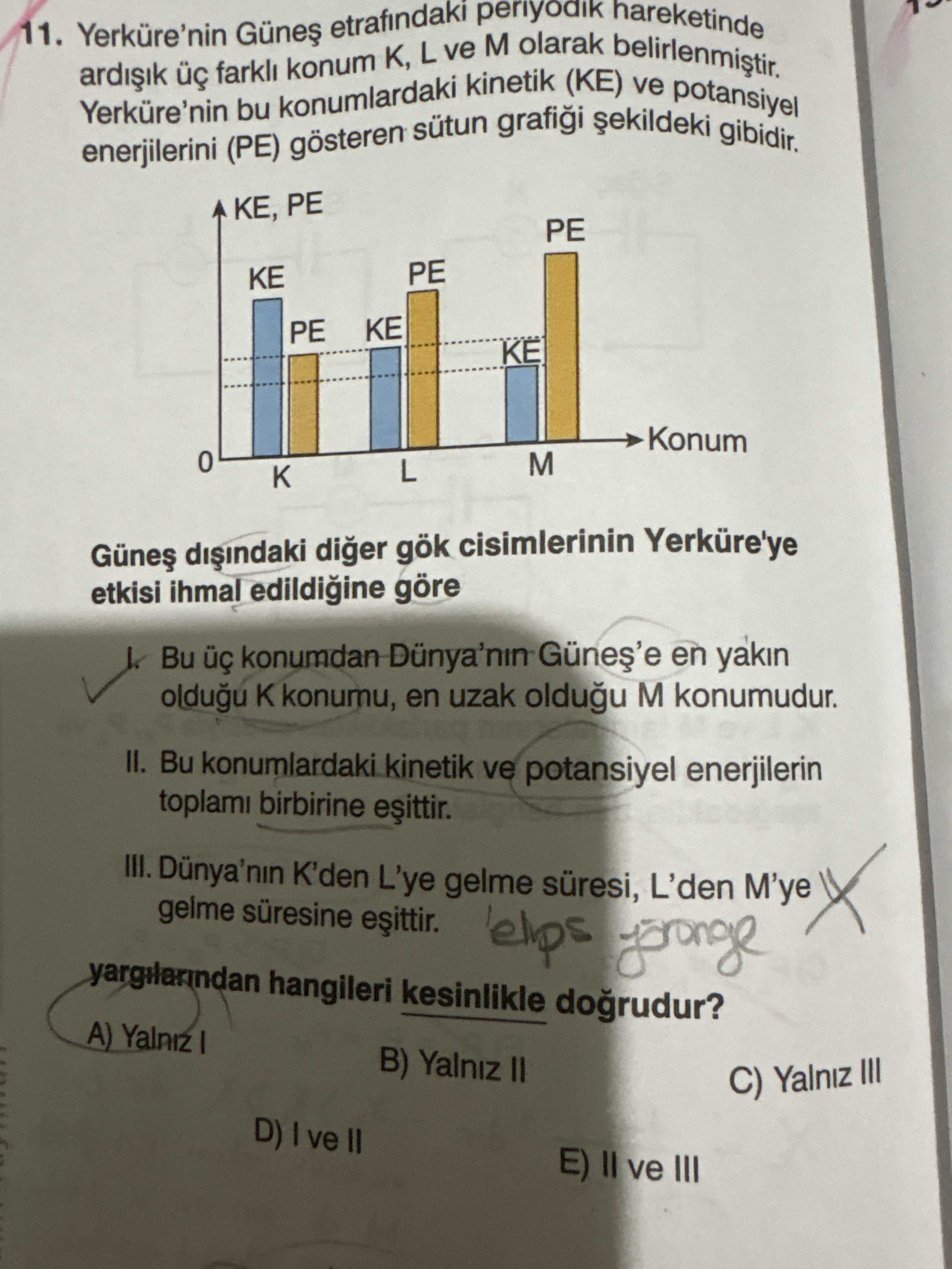 Yerküre'nin Güneş etrafındaki periyodik hareketinde ardışık üç farklı konum K, L ve M olarak