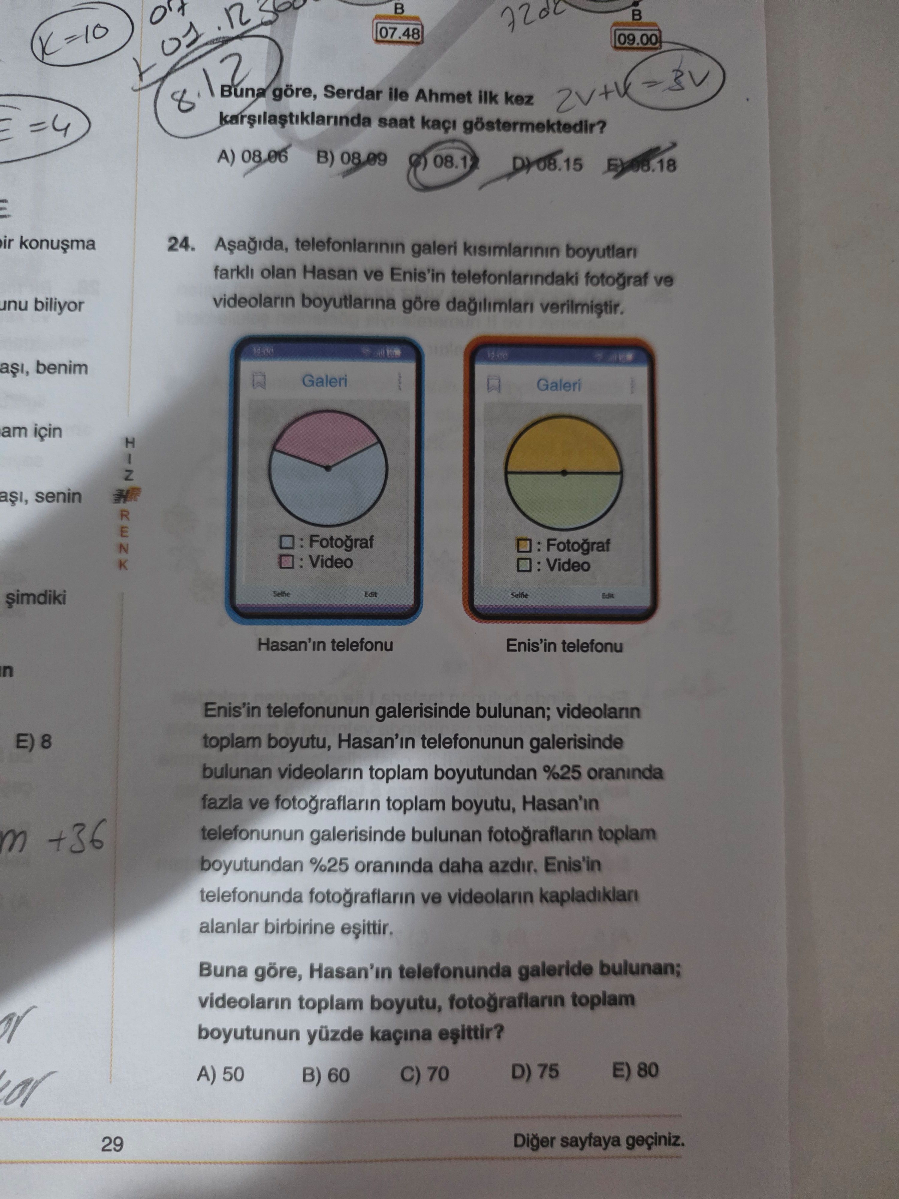 Aşağıda, telefonlarının galeri kısımlarının boyutları farklı olan Hasan ve Enis'in telefonlarındaki