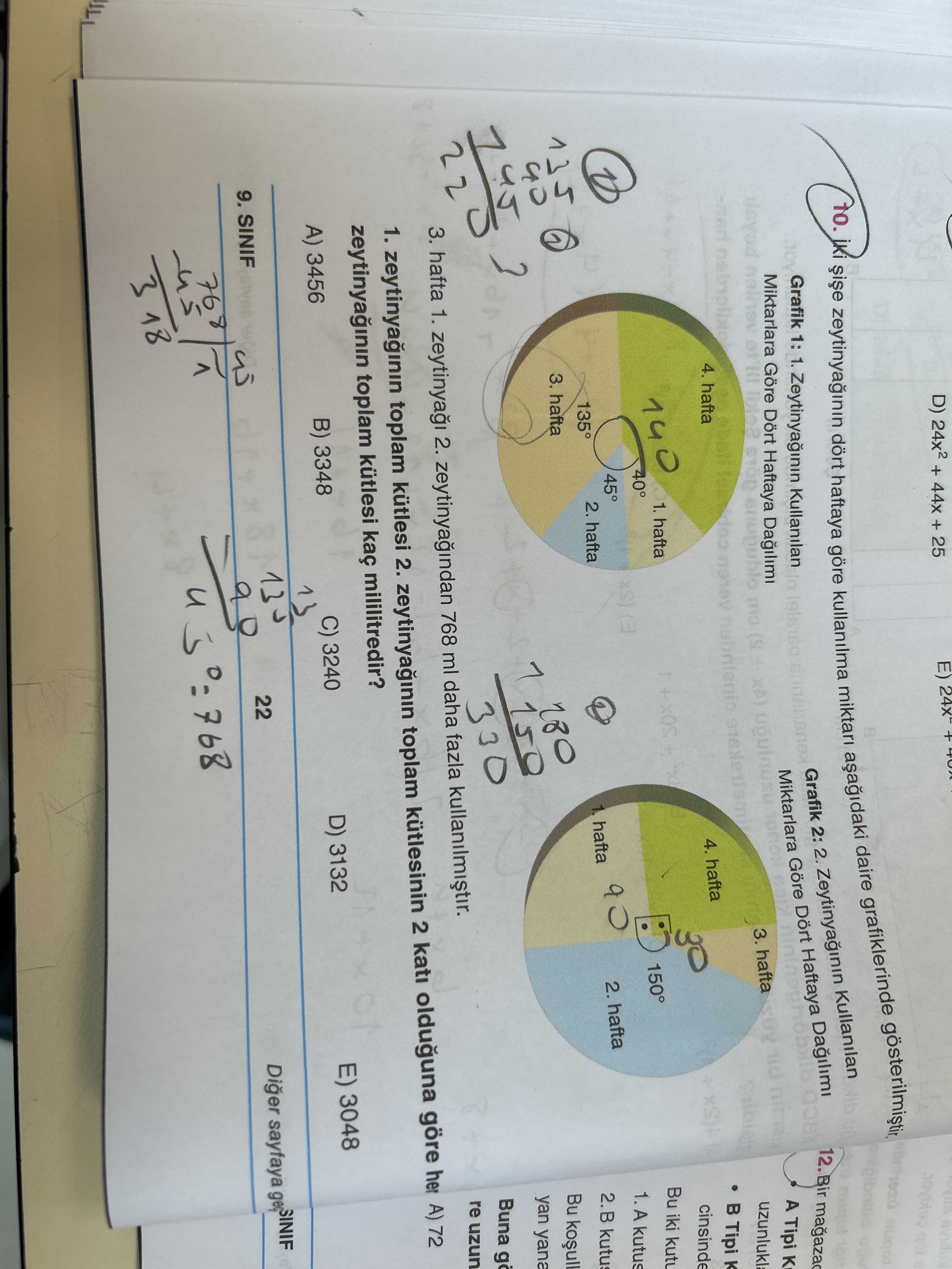 E) D) 24x2 + 44x + 25 got grafiklerinde daire 10. miktari dört haftaya kullanilma göre 12. Bir Grafik 1: 1. Zeytinyaginin Kullanilan Grafik 2: 2. Zeytinyaginin Kullanilan Miktarlara Göre Dört Haftaya Dagilimi A Tipi K Miktarlara Göre Dört Haftaya Dagilimi 3. hafta Tipi K 4. hafta 4. hafta Bu iki kutu 1. hafta SOX + 150° 40° 1. A kutus 45° 2. hafta 2. B 2. hafta 135° 1. Bu koull 3. hafta 280 1 yan yana 150 Buna 330 re uzun 3. hafta 1. zeytinya 2. 768 ml daha fazla 1. toplam kütlesi 2. zeytinyaginin toplam kütlesinin 2 E) D) 24x2 + 44x + 25 got grafiklerinde daire 10. zeytinyaginin toplam kütlesinin 2. ?? Model.Question.title