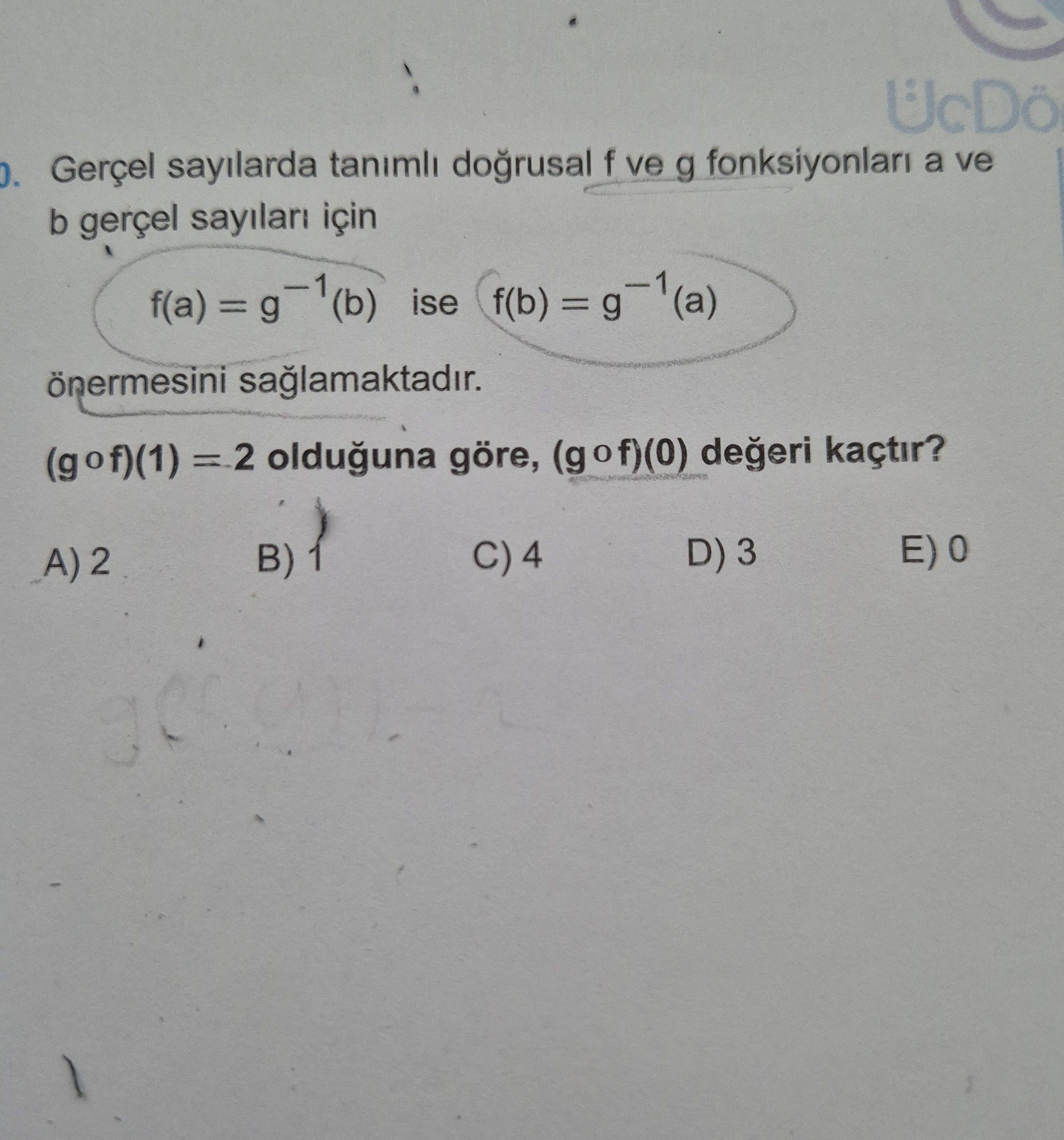 Gerçel sayılarda tanımlı doğrusal f ve g fonksiyonları a ve b gerçel sayıları için f(a) = g⁻¹(b) ise