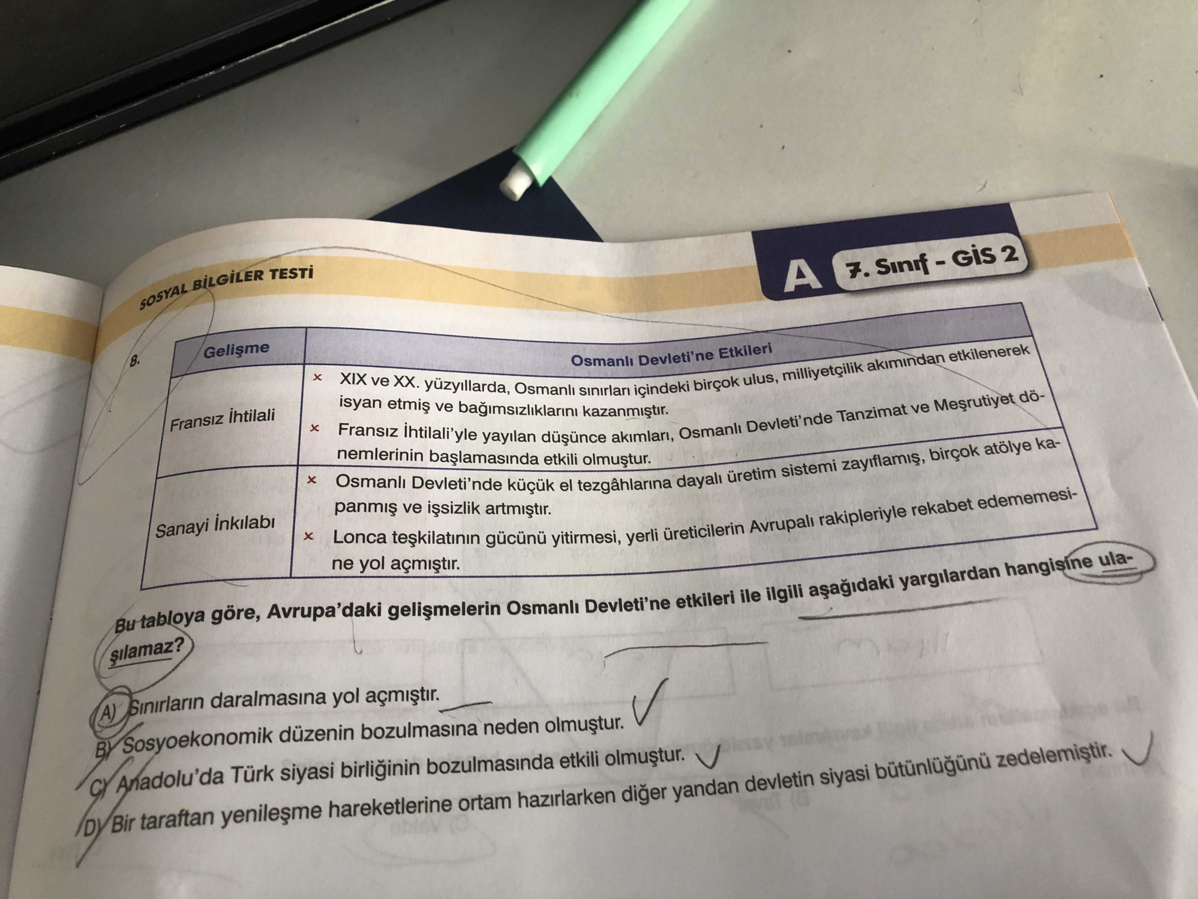 Bu tabloya göre, Avrupa'daki gelişmelerin Osmanlı Devleti'ne etkileri ile ilgili aşağıdaki