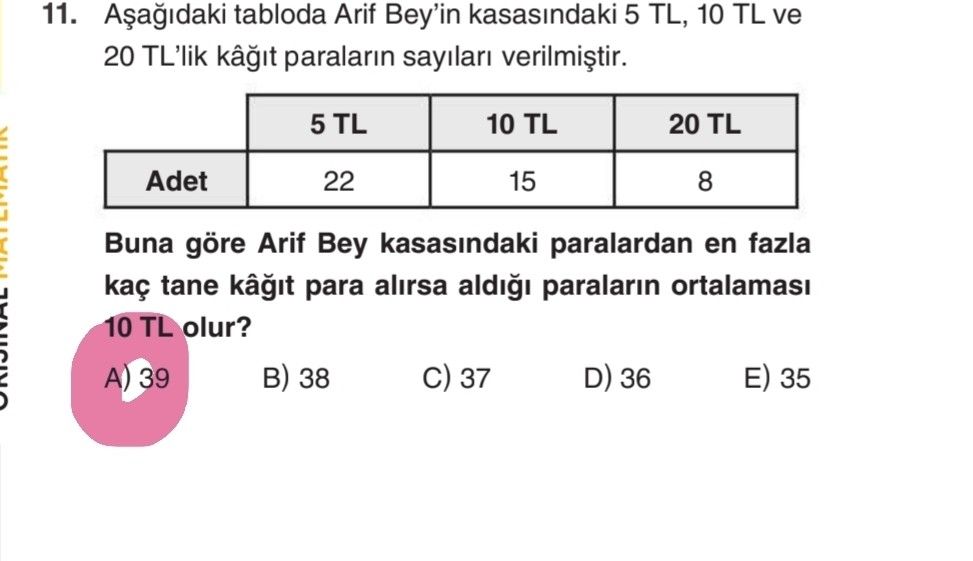 Aşağıdaki tabloda Arif Bey'in kasasındaki 5 TL, 10 TL ve 20 TL'lik kâğıt paraların sayıları