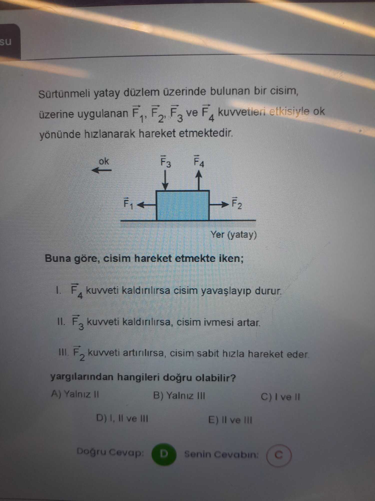 Sürtünmeli yatay düzlem üzerinde bulunan bir cisim, üzerine uygulanan F̄₁, F̄₂, F̄₃ ve F̄₄