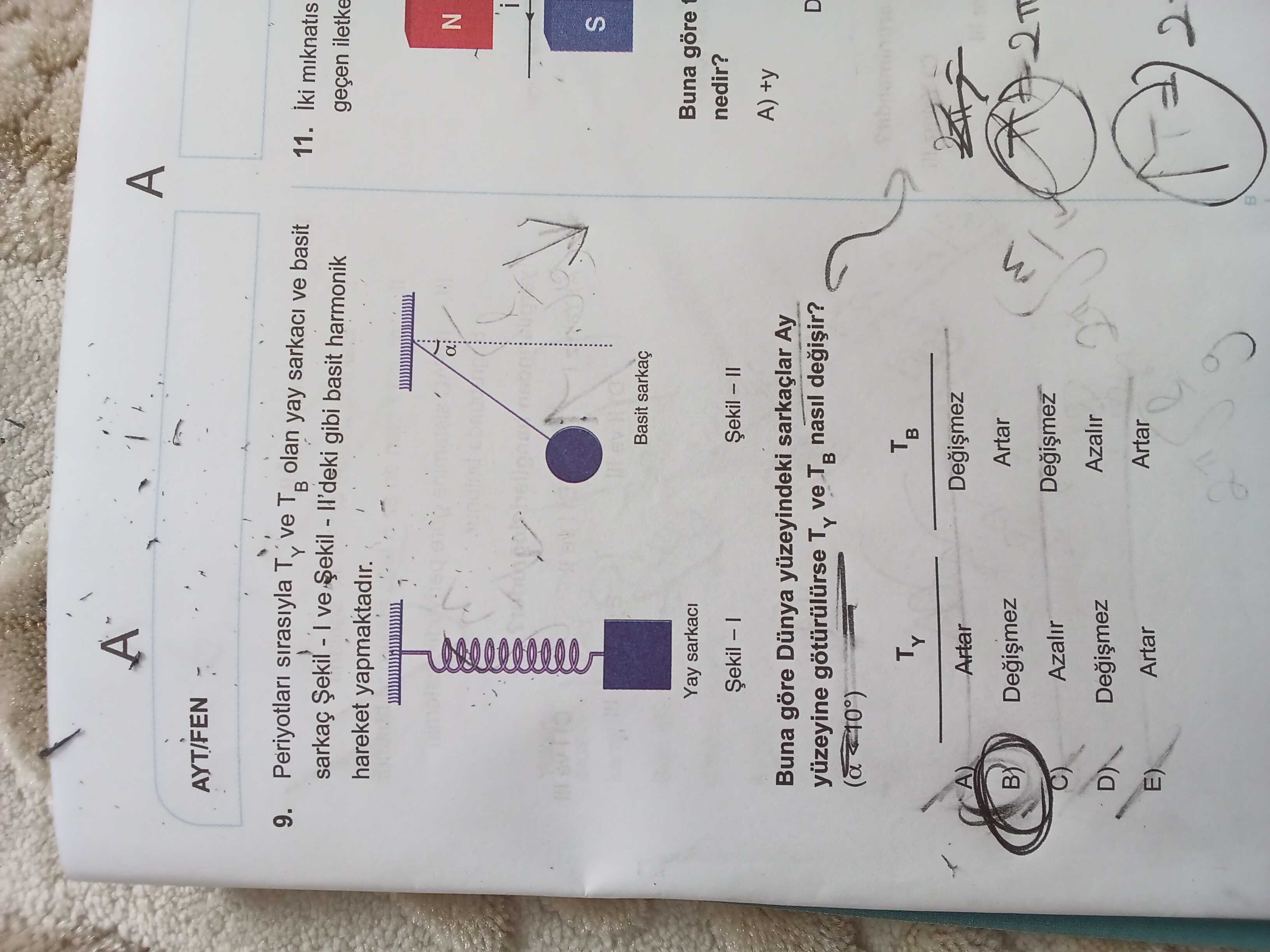 Periyotları sırasıyla T_Y ve T_B olan yay sarkacı ve basit sarkaç Şekil - I ve Şekil - II'deki gibi