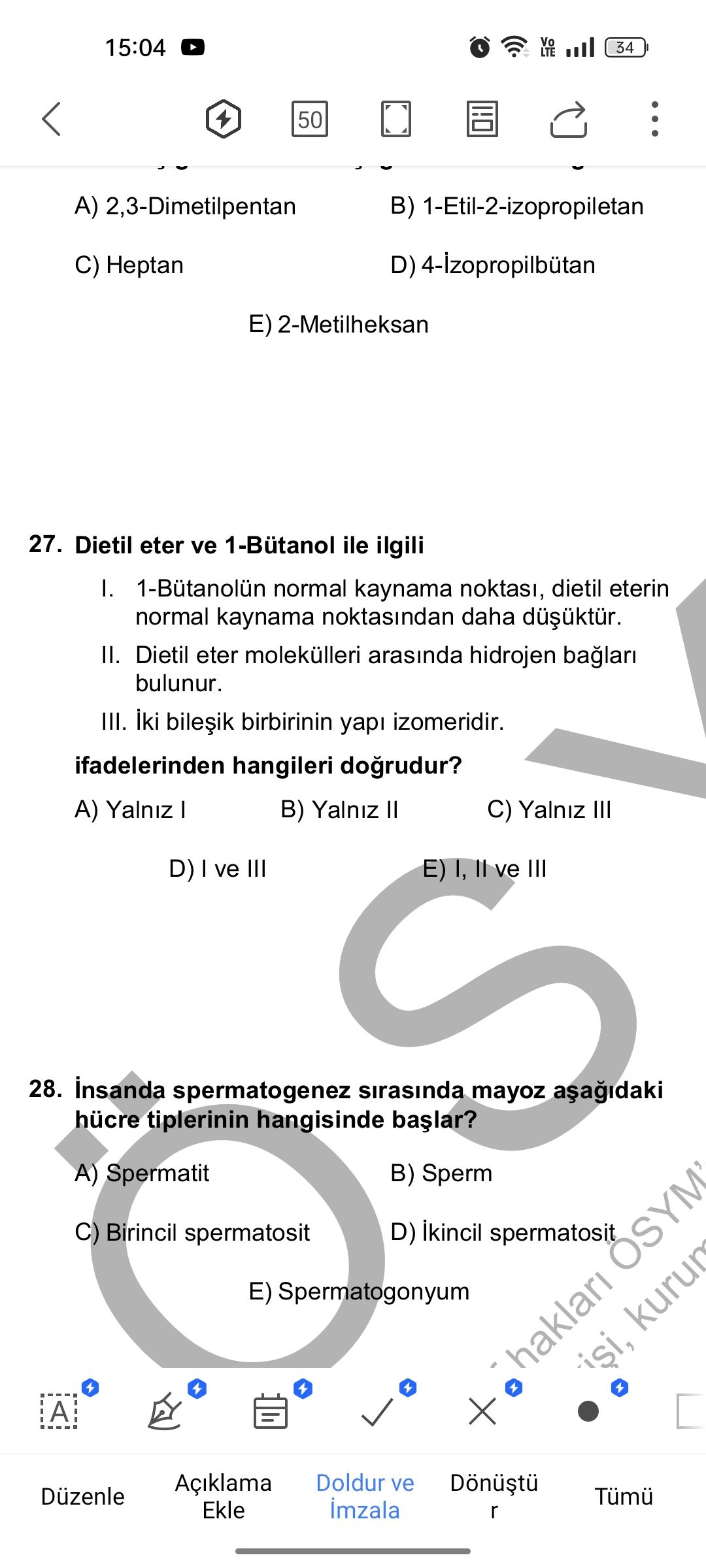 Dietil eter ve 1-Bütanol ile ilgili I. 1-Bütanolün normal kaynama noktası, dietil eterin normal