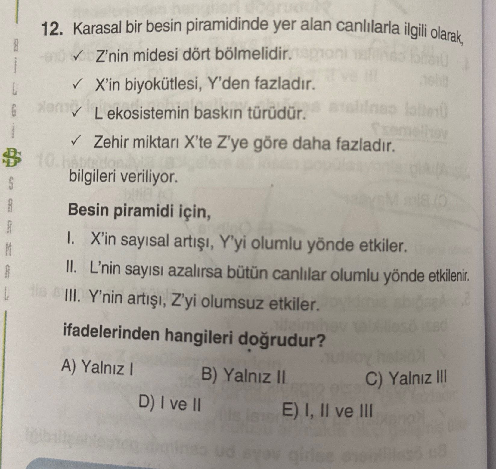 Karasal bir besin piramidinde yer alan canlılarla ilgili olarak, ✓ Z'nin midesi dört bölmelidir. ✓