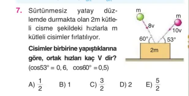 Sürtünmesiz yatay düzlemde durmakta olan 2m kütleli cisme şekildeki hızlarla m kütleli cisimler