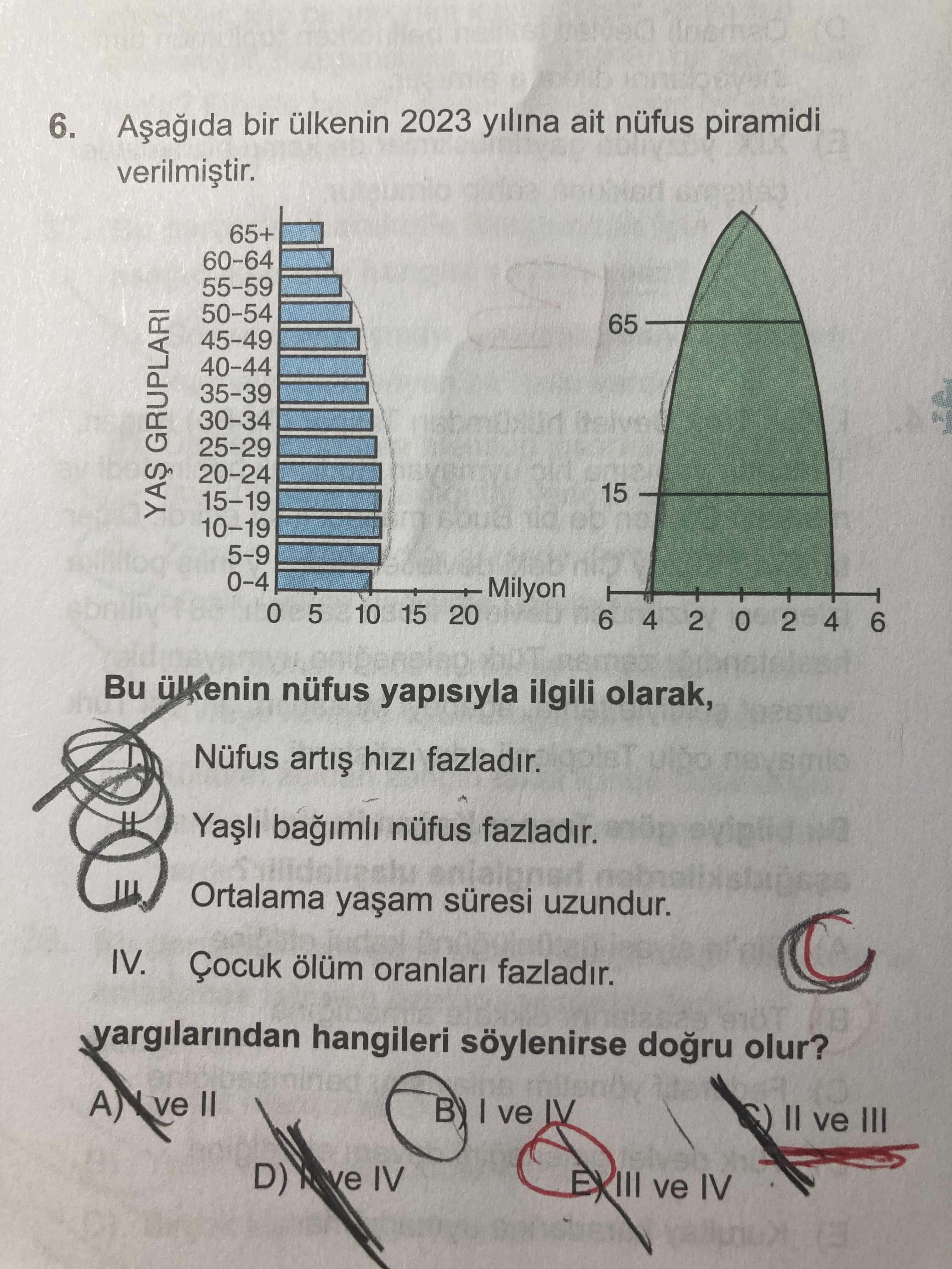 Aşağıda bir ülkenin 2023 yılına ait nüfus piramidi verilmiştir. Bu ülkenin nüfus yapısıyla ilgili