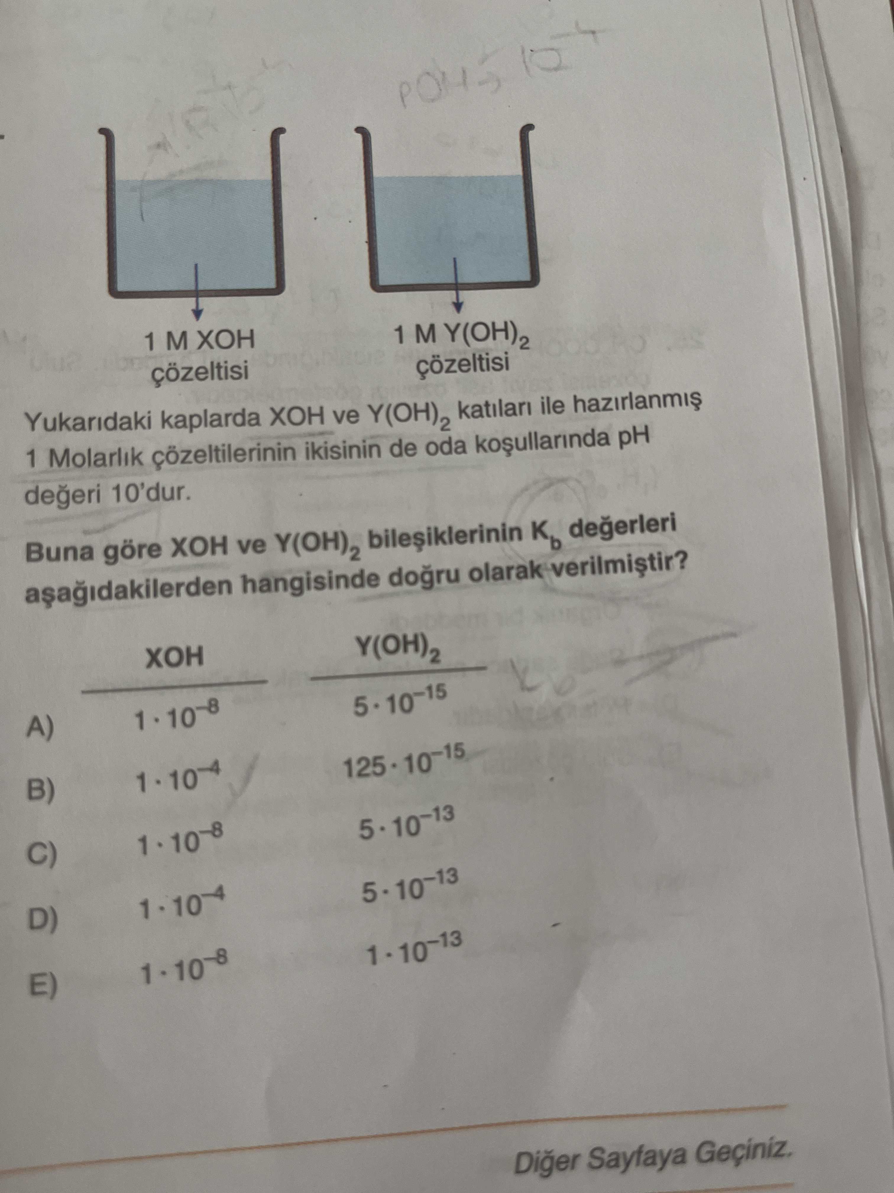 Yukarıdaki kaplarda XOH ve Y(OH)₂ katıları ile hazırlanmış 1 Molarlık çözeltilerinin ikisinin de oda
