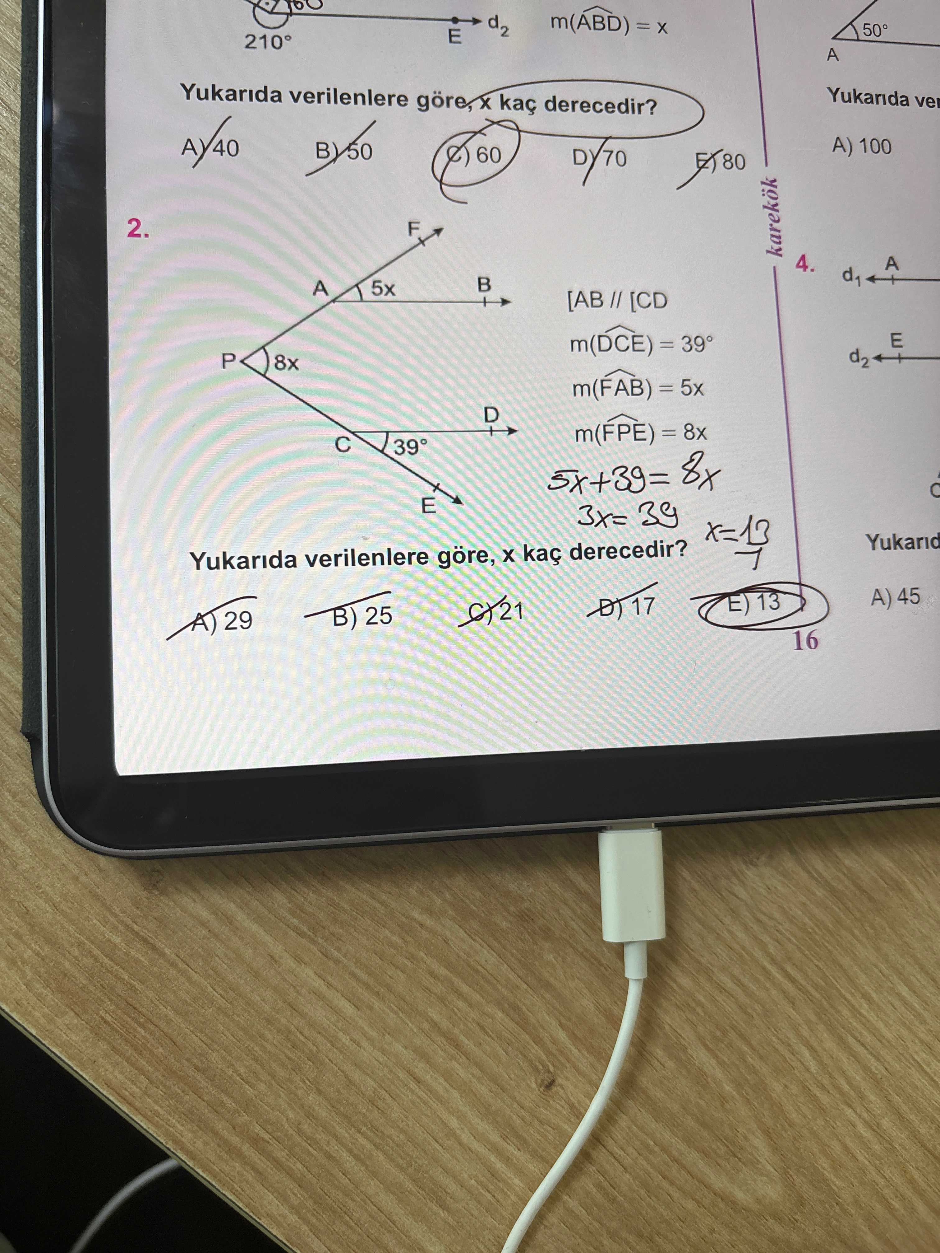 [AB // [CD m(D̂CE) = 39° m(F̂AB) = 5x m(F̂PE) = 8x Yukarıda verilenlere göre, x kaç derecedir?