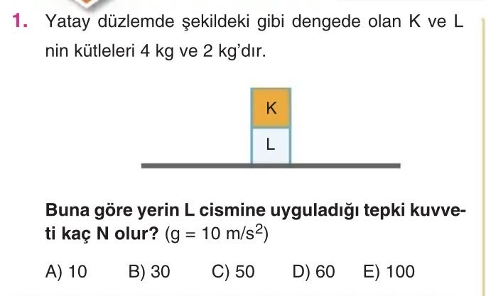 Yatay düzlemde şekildeki gibi dengede olan K ve L nin kütleleri 4 kg ve 2 kg'dır. Buna göre yerin L