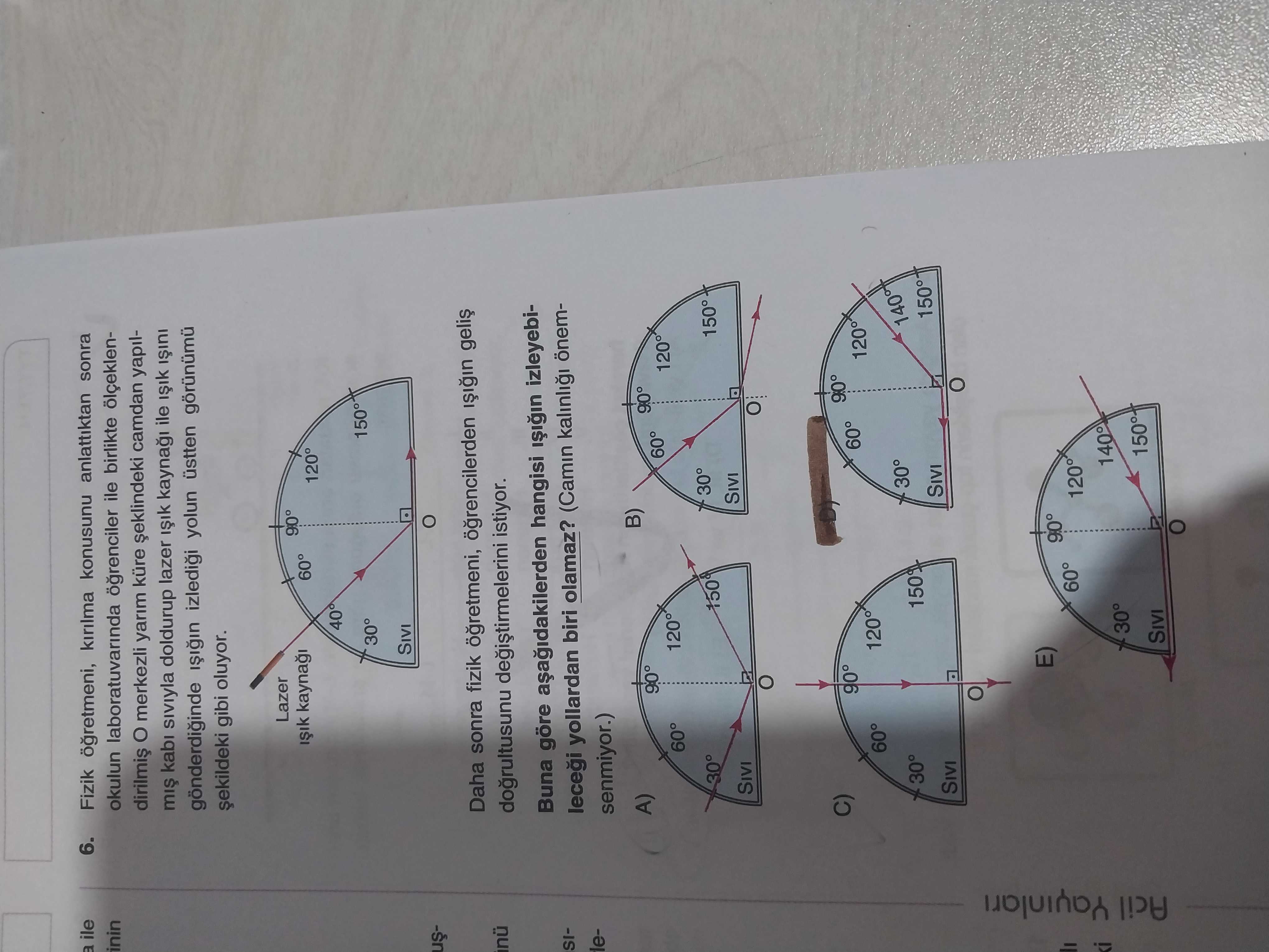 Fizik öğretmeni, kırılma konusunu anlattıktan sonra okulun laboratuvarında öğrenciler ile birlikte