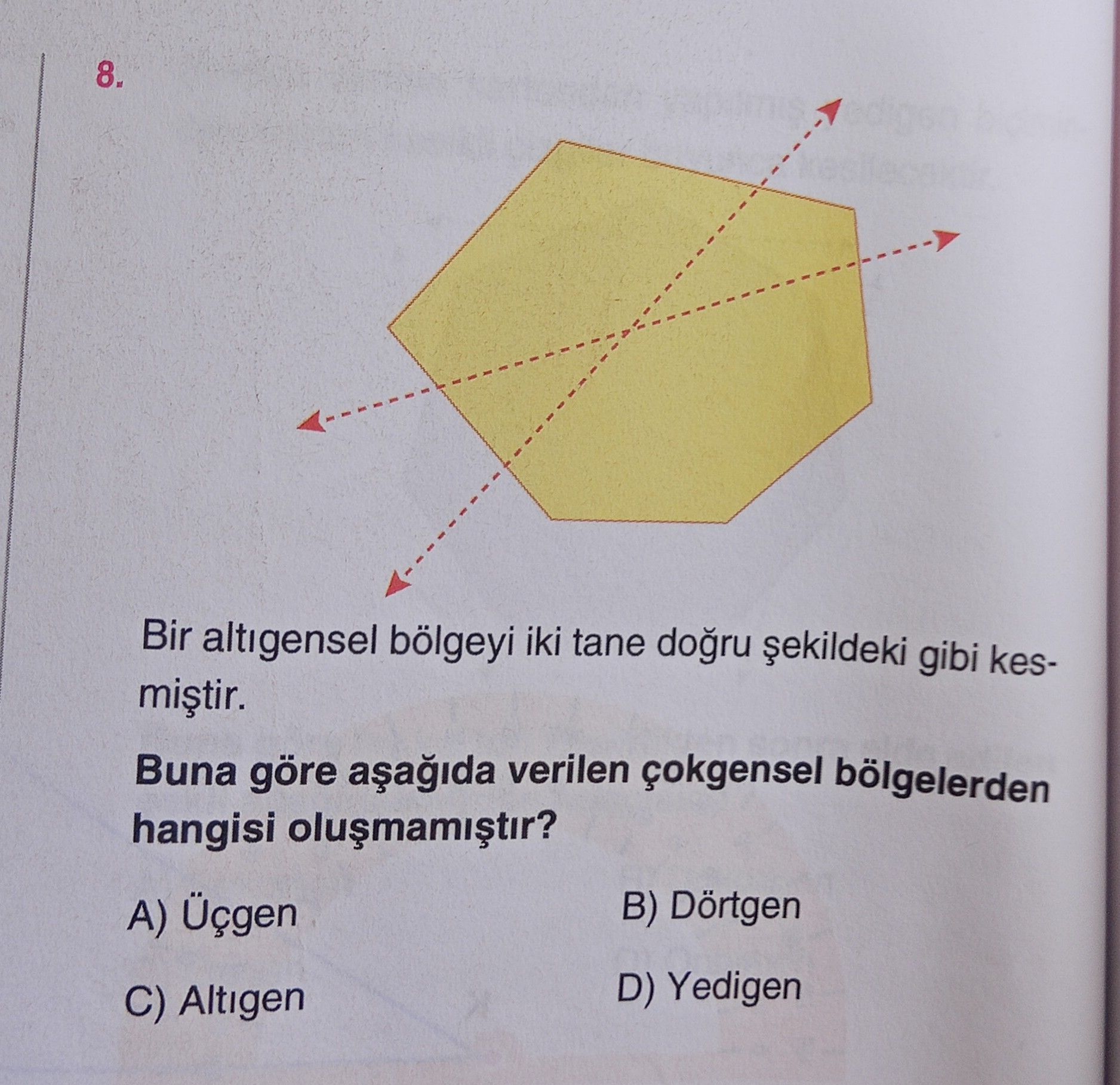 Bir altıgensel bölgeyi iki tane doğru şekildeki gibi kesmiştir. Buna göre aşağıda verilen çokgensel