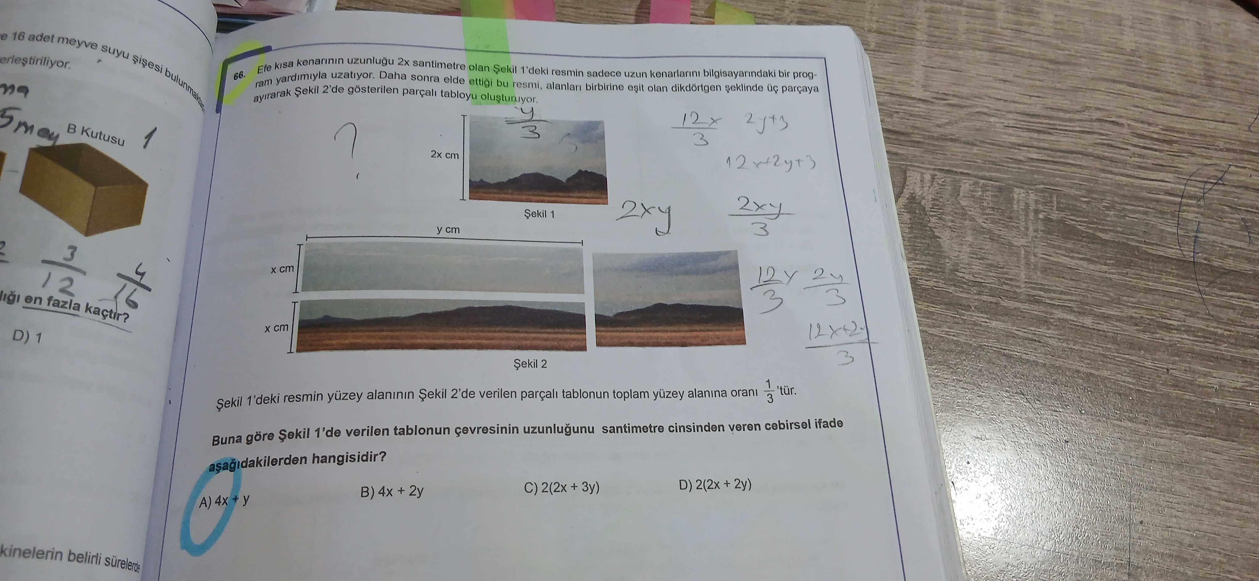 Efe kısa kenarının uzunluğu 2x santimetre olan Şekil 1'deki resmin sadece uzun kenarlarını