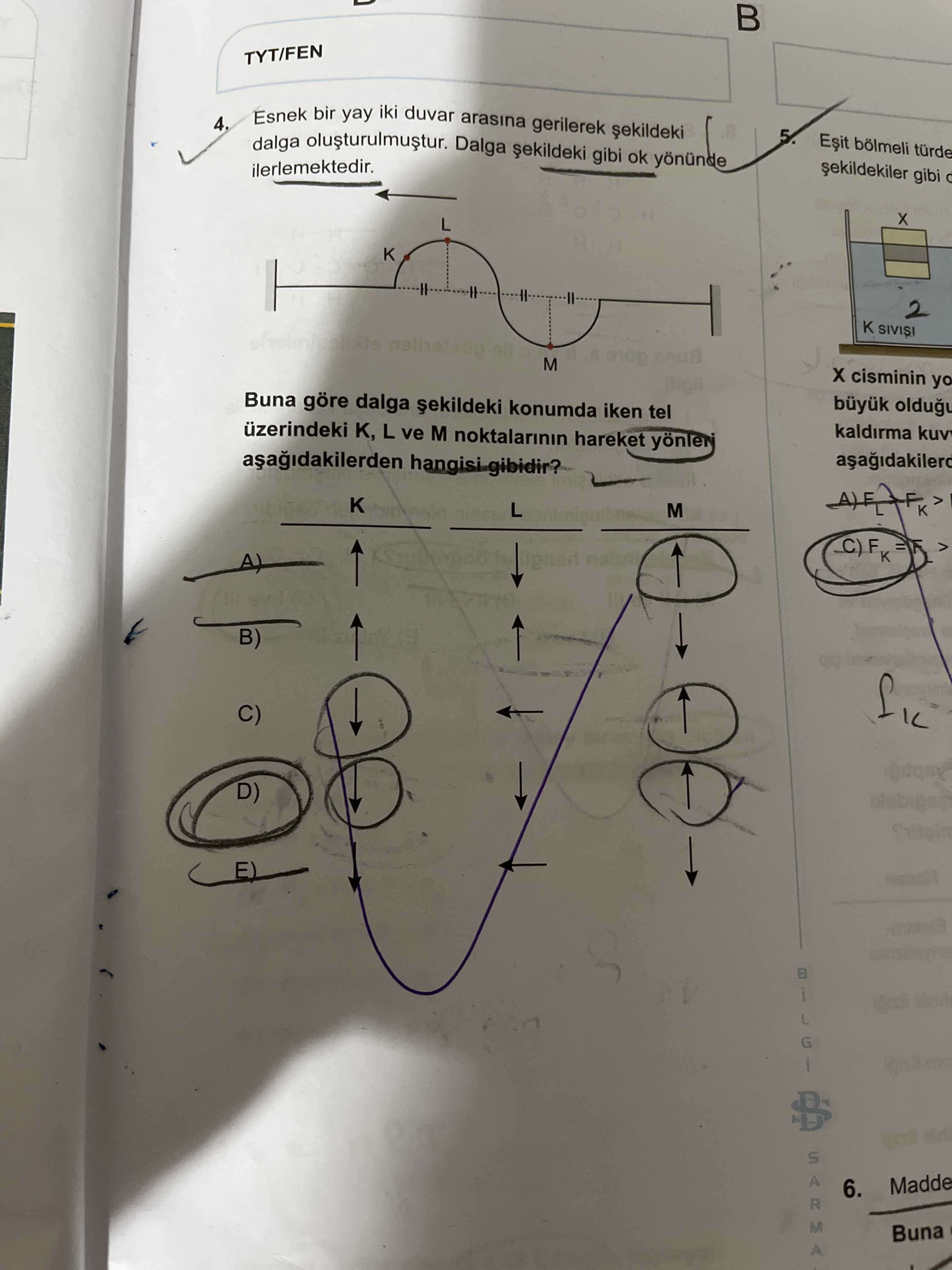 Esnek bir yay iki duvar arasına gerilerek şekildeki dalga oluşturulmuştur. Dalga şekildeki gibi ok
