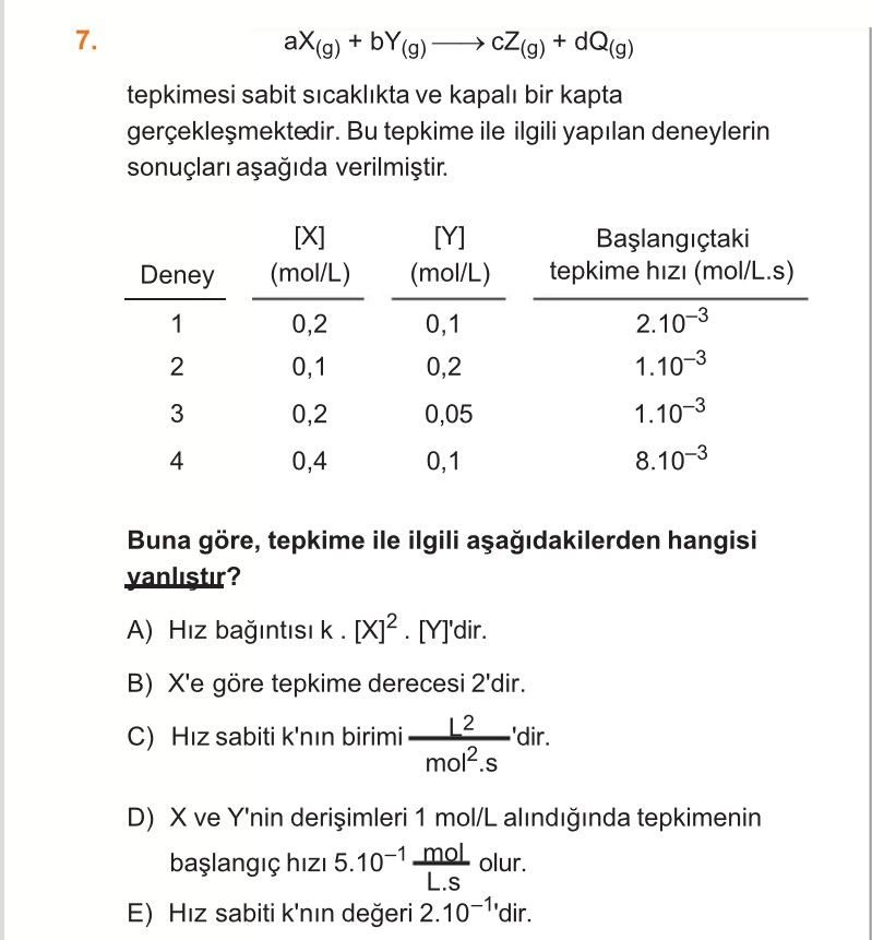 (mol/L), [Y] (mol/L) ve başlangıçtaki tepkime hızı (mol/L.s) değerleri gösteriliyor] 7. aX₍g₎ +