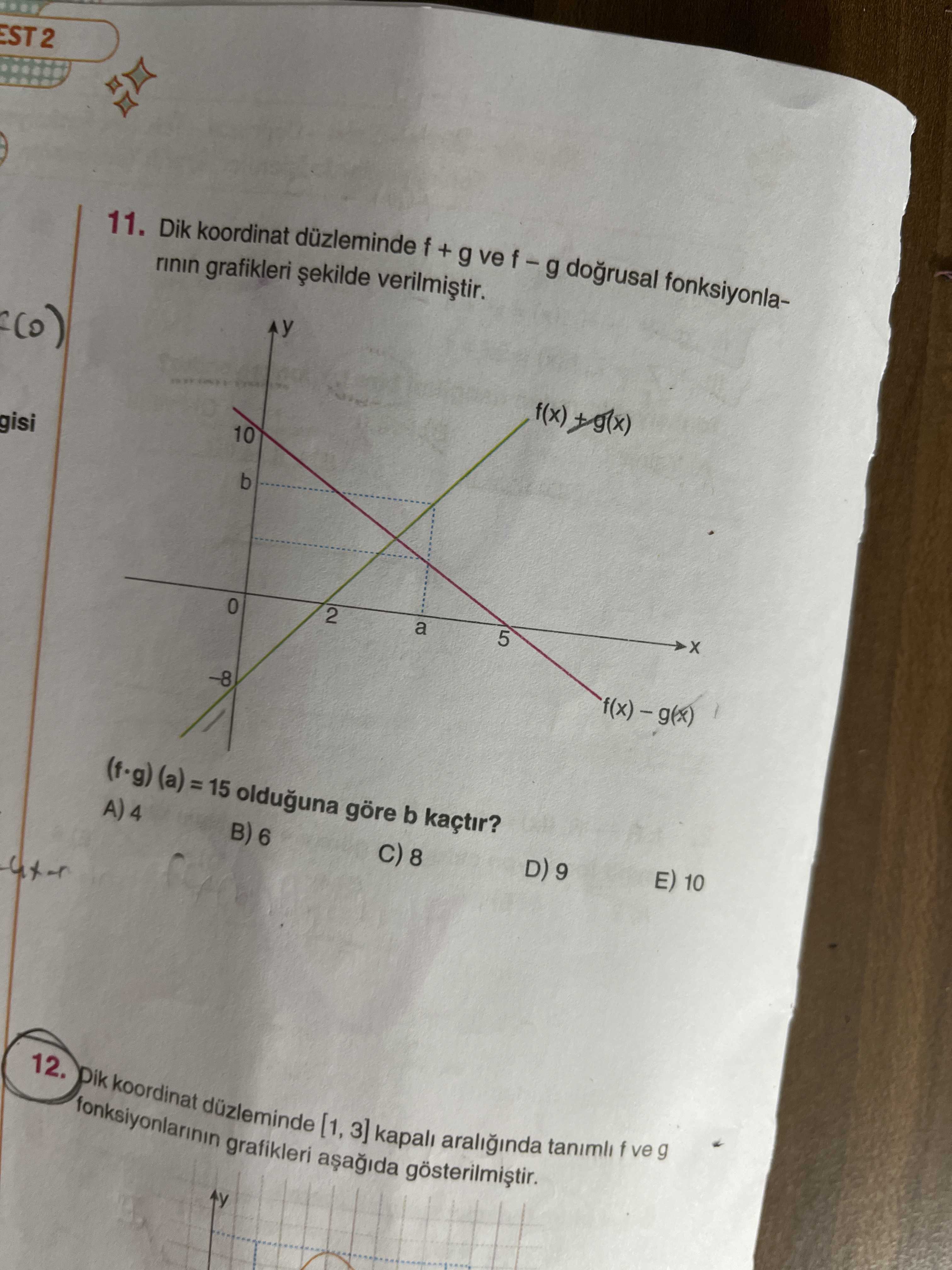 11. Dik koordinat f + g ve dogrusal fonksiyonlarinin grafikleri f(x) 10 gisi b 5 2 a 0 olduguna göre b kaçtir. E) 10 D) 9 A) 8 B) 6 12. Dik koordinat [1, 3] kapali araliginda tanimli f ve g fonksiyonlarinin grafikleri 11. Dik koordinat [1, 3] kapali araliginda tanimli f ve g fonksiyonlarinin grafikleri. ?? Model.Question.title