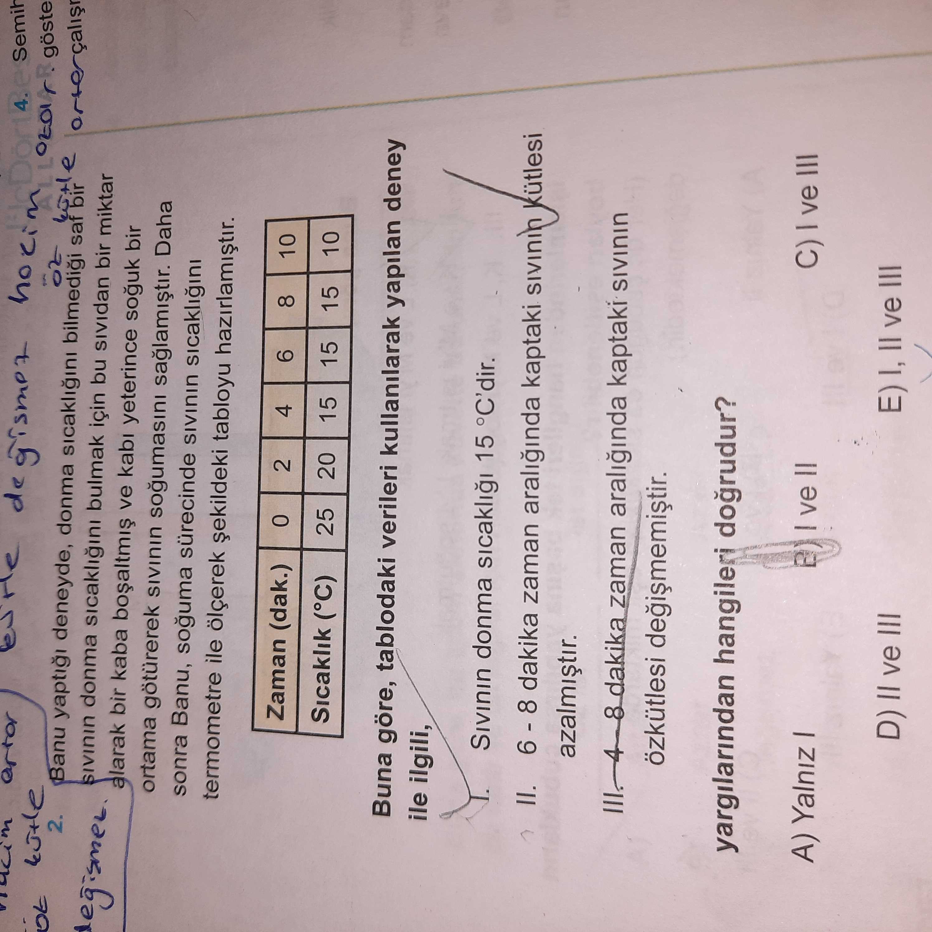 Banu yaptığı deneyde, donma sıcaklığını bilmediği saf bir sıvının donma sıcaklığını bulmak için bu