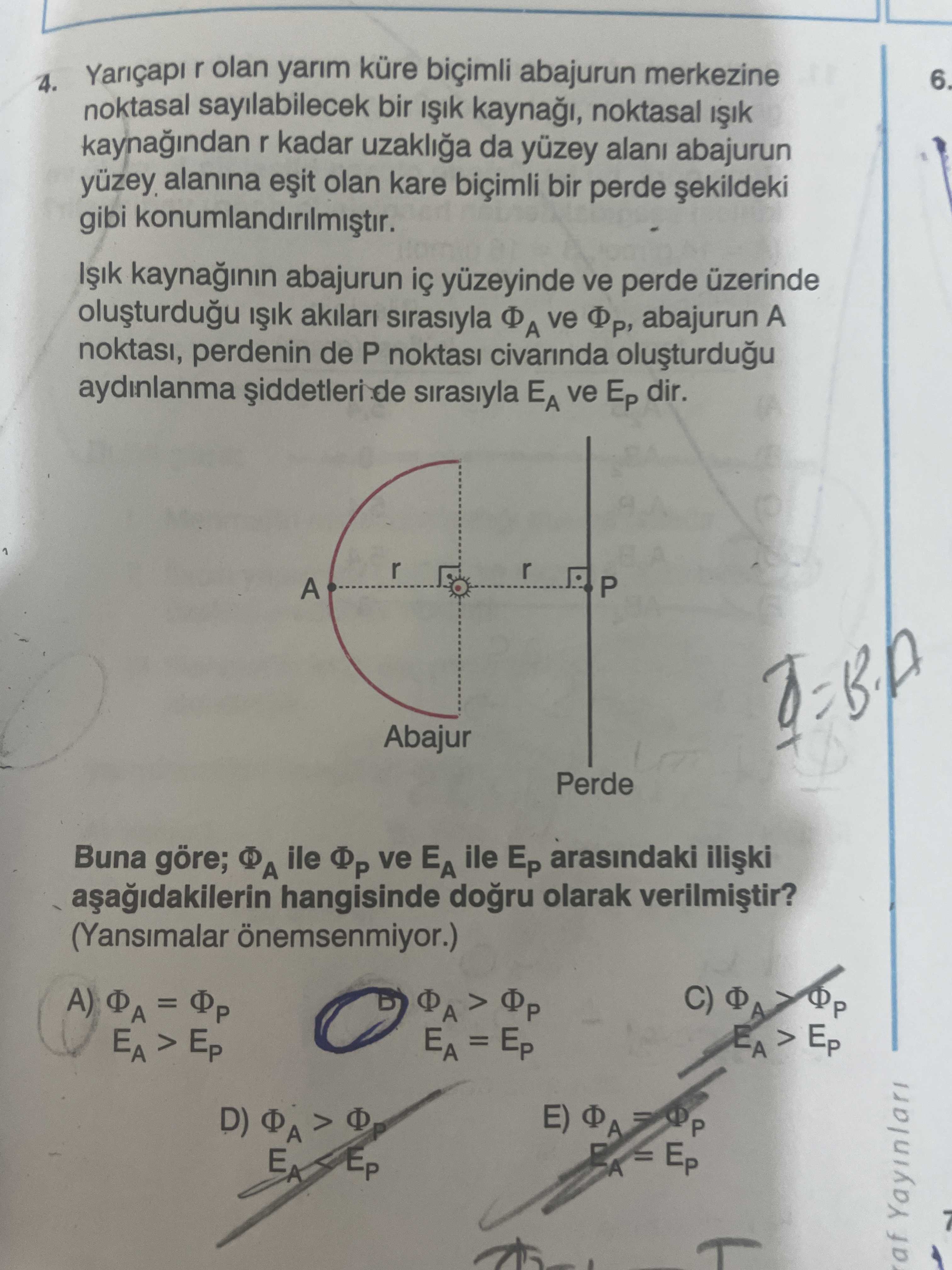 Yarıçapı r olan yarım küre biçimli abajurun merkezine noktasal sayılabilecek bir ışık kaynağı